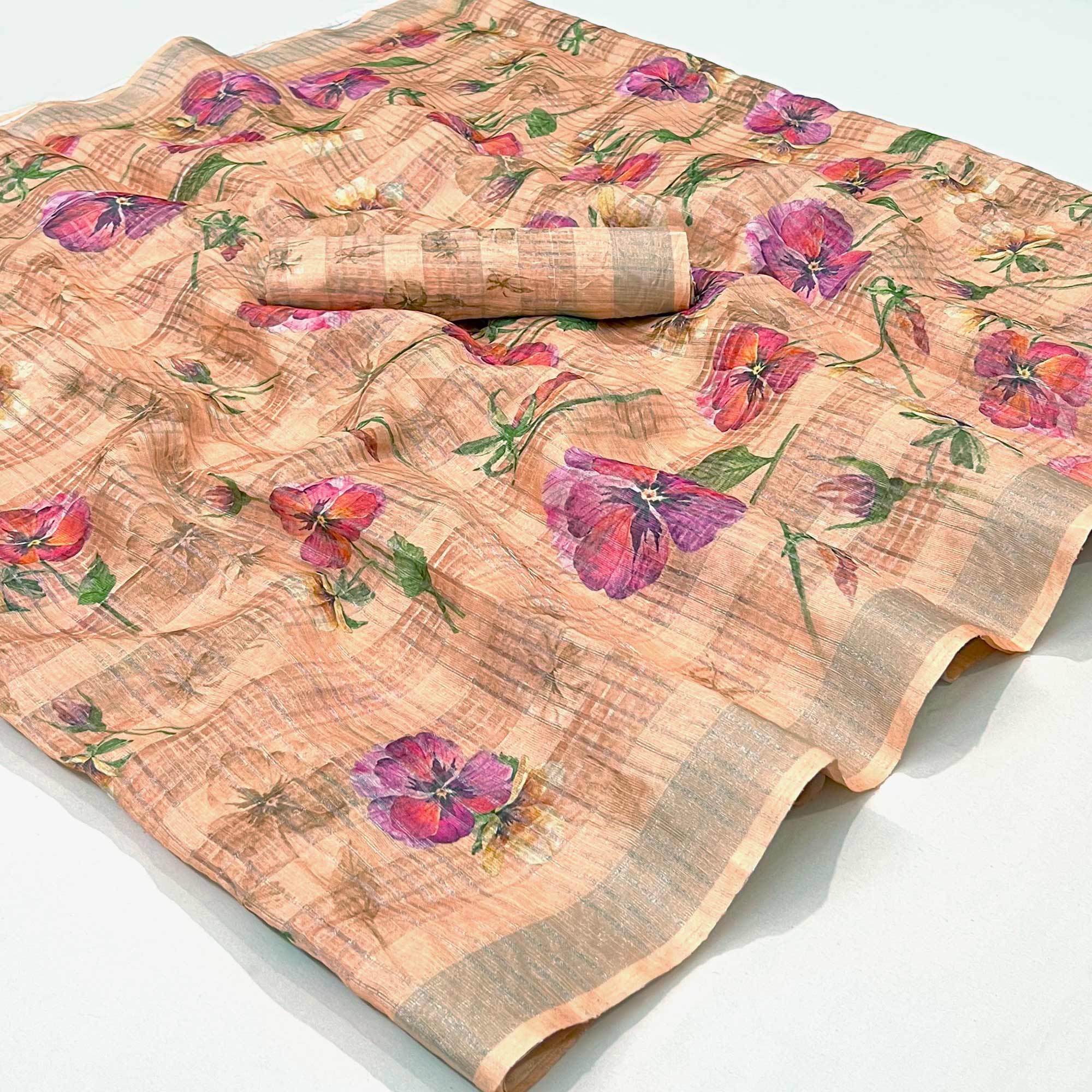 Light Peach Floral Digital Printed Cotton Silk Saree