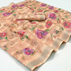 Light Peach Floral Digital Printed Cotton Silk Saree