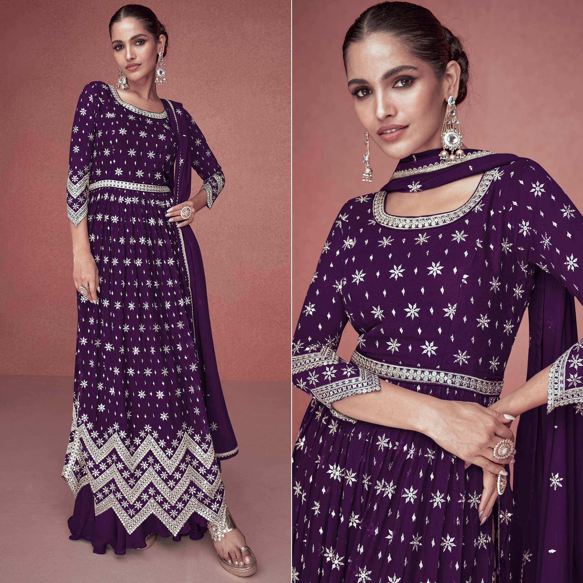 Purple Sequins Embroidered Georgette Semi Stitched Naira Cut Suit