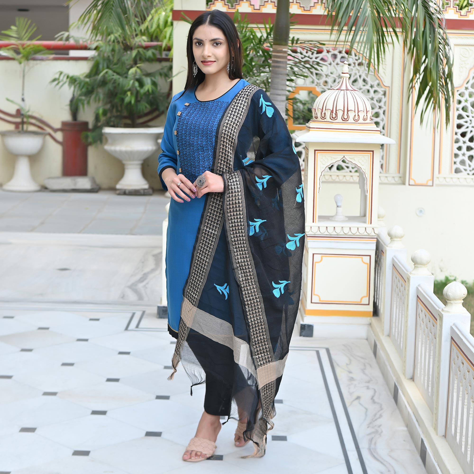 Blue Embroidered Cotton Blend Salwar Suit