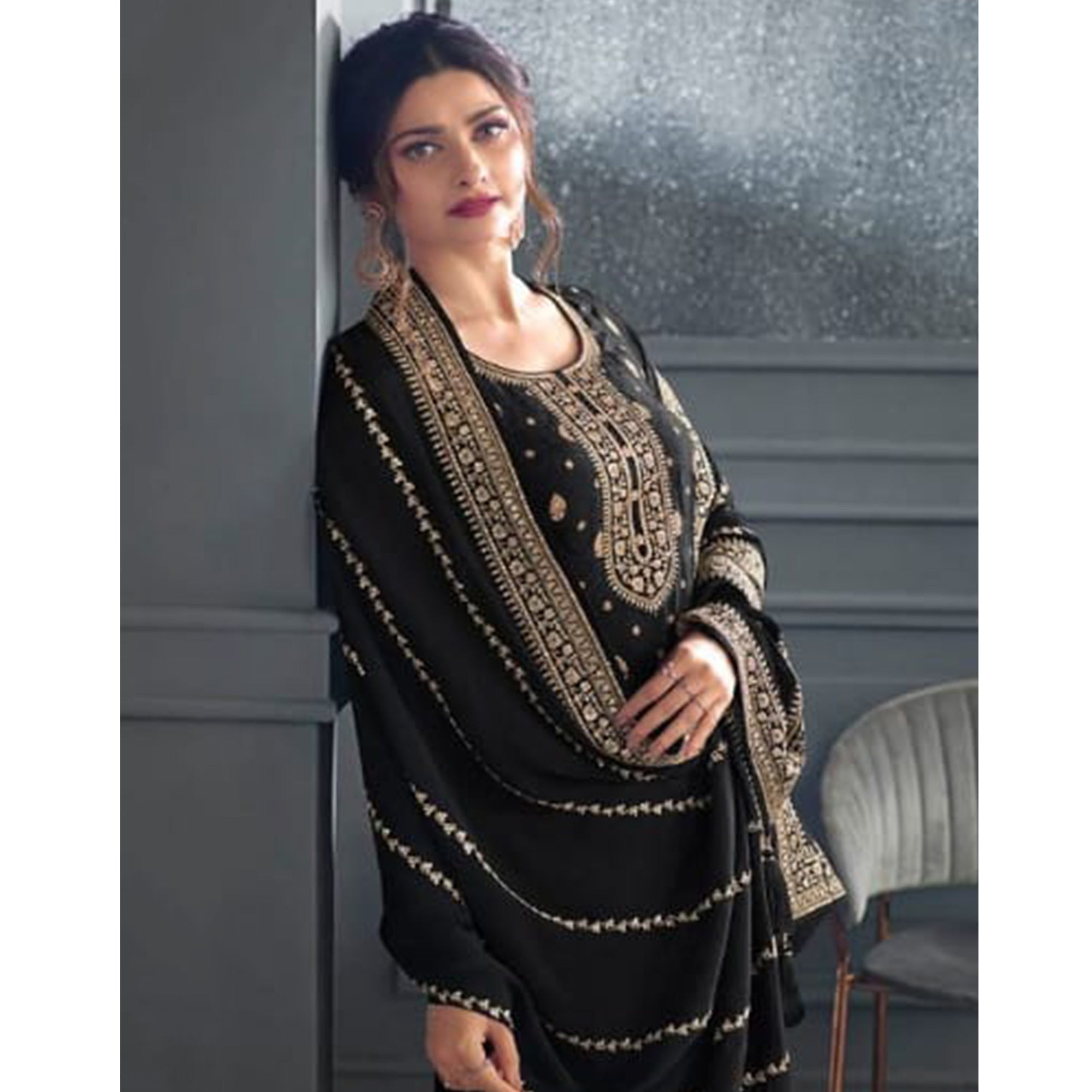 Black Woven With Sequins Embroidered Dola Silk Palazzo Suit