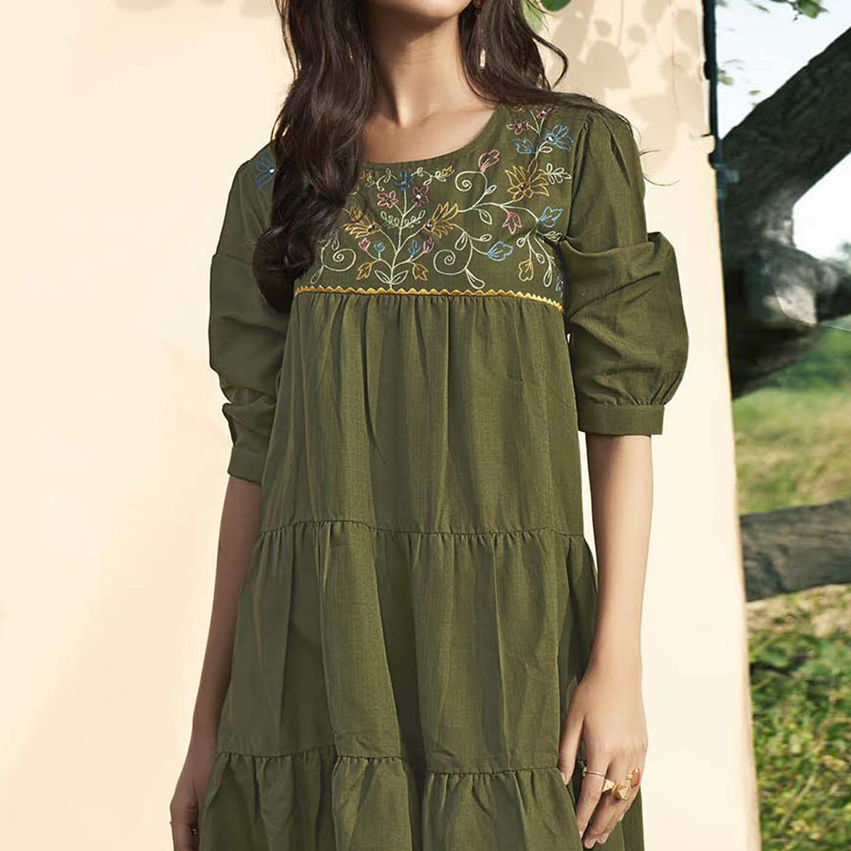 Green Embroidered Rayon Short Dress