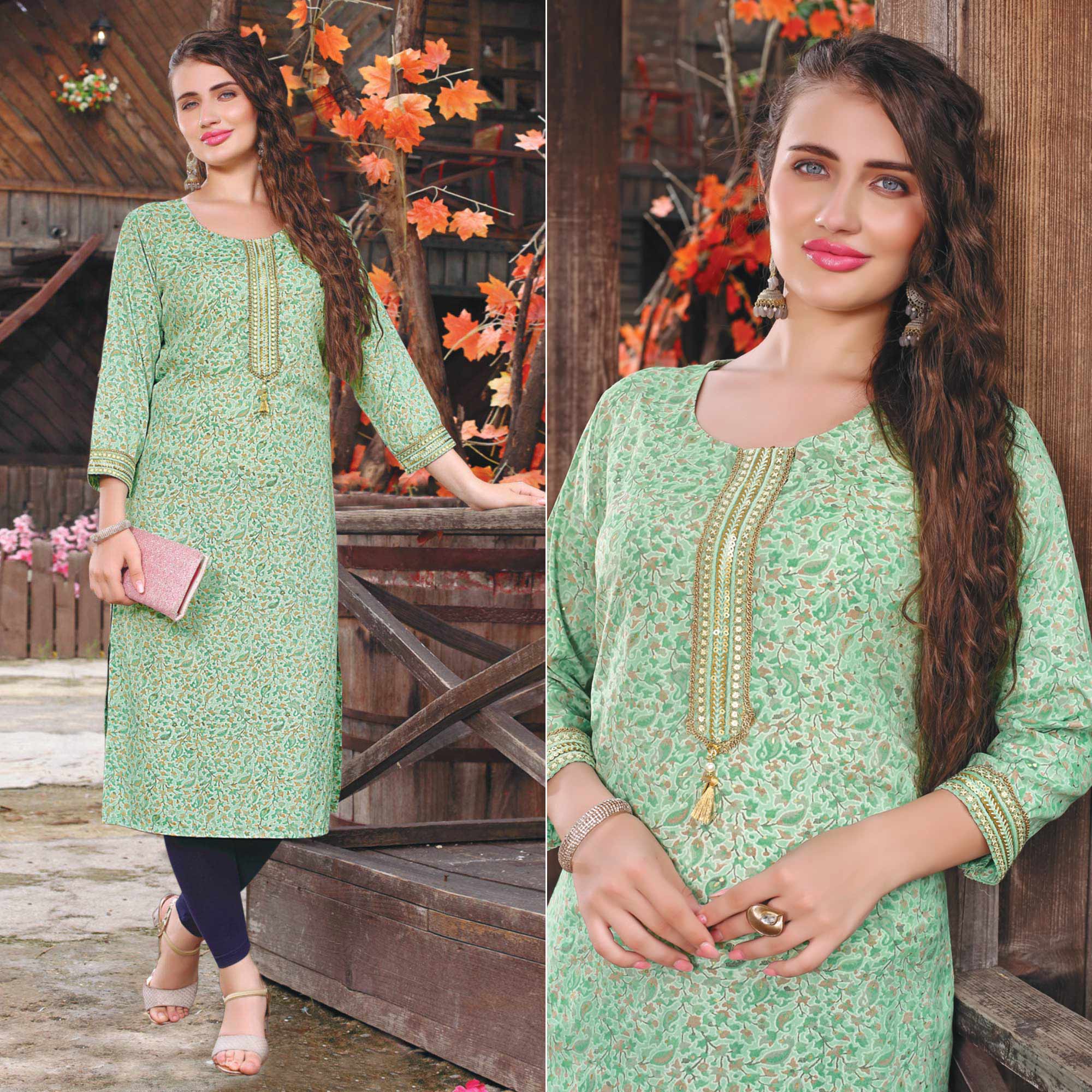 Sea Green Printed Muslin Kurti