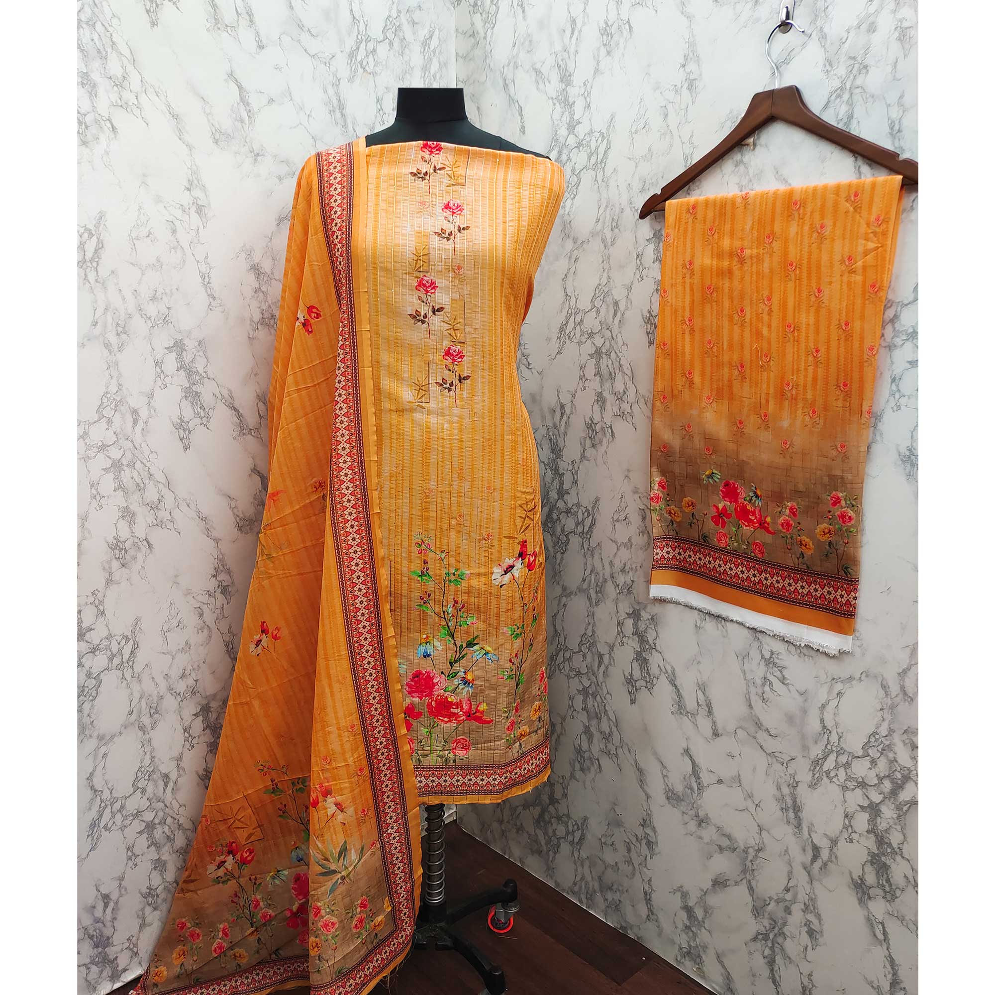 Mustard Floral Digital Printed Muslin Dress Material