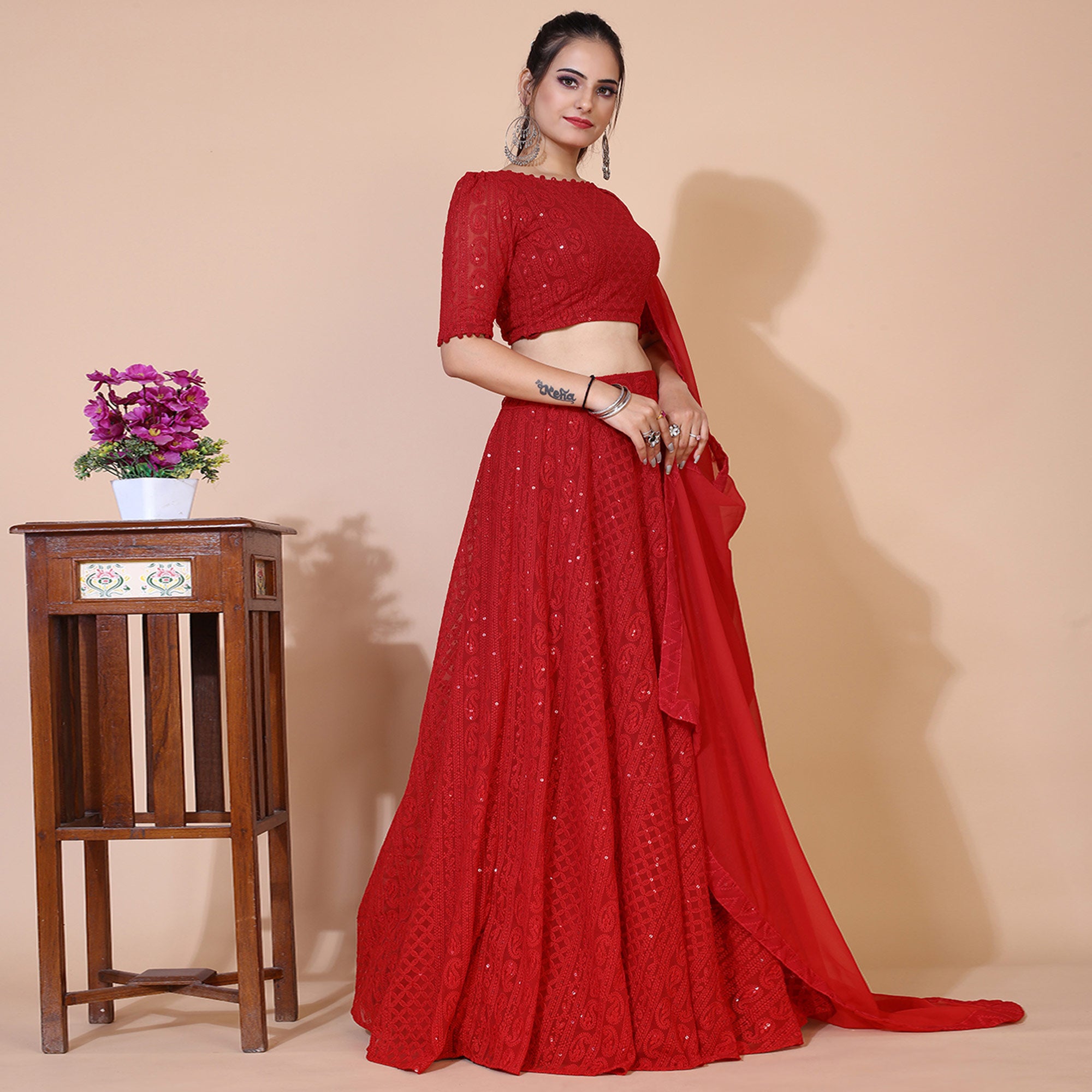 Red Lucknowi Chikankari Work Georgette Lehenga Choli