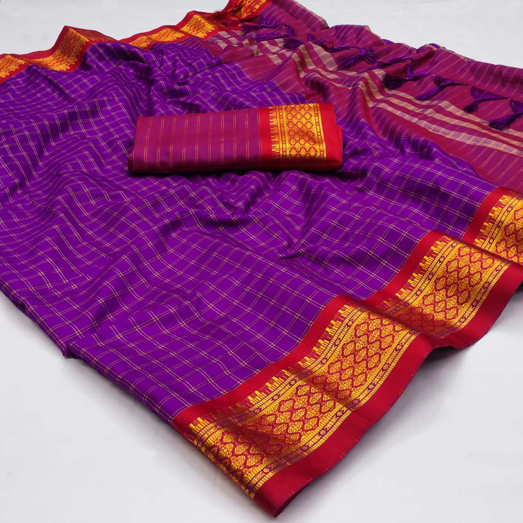 Violet Checks With Woven Border Cotton Silk Saree