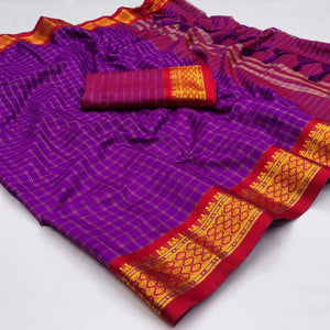 Violet Checks With Woven Border Cotton Silk Saree