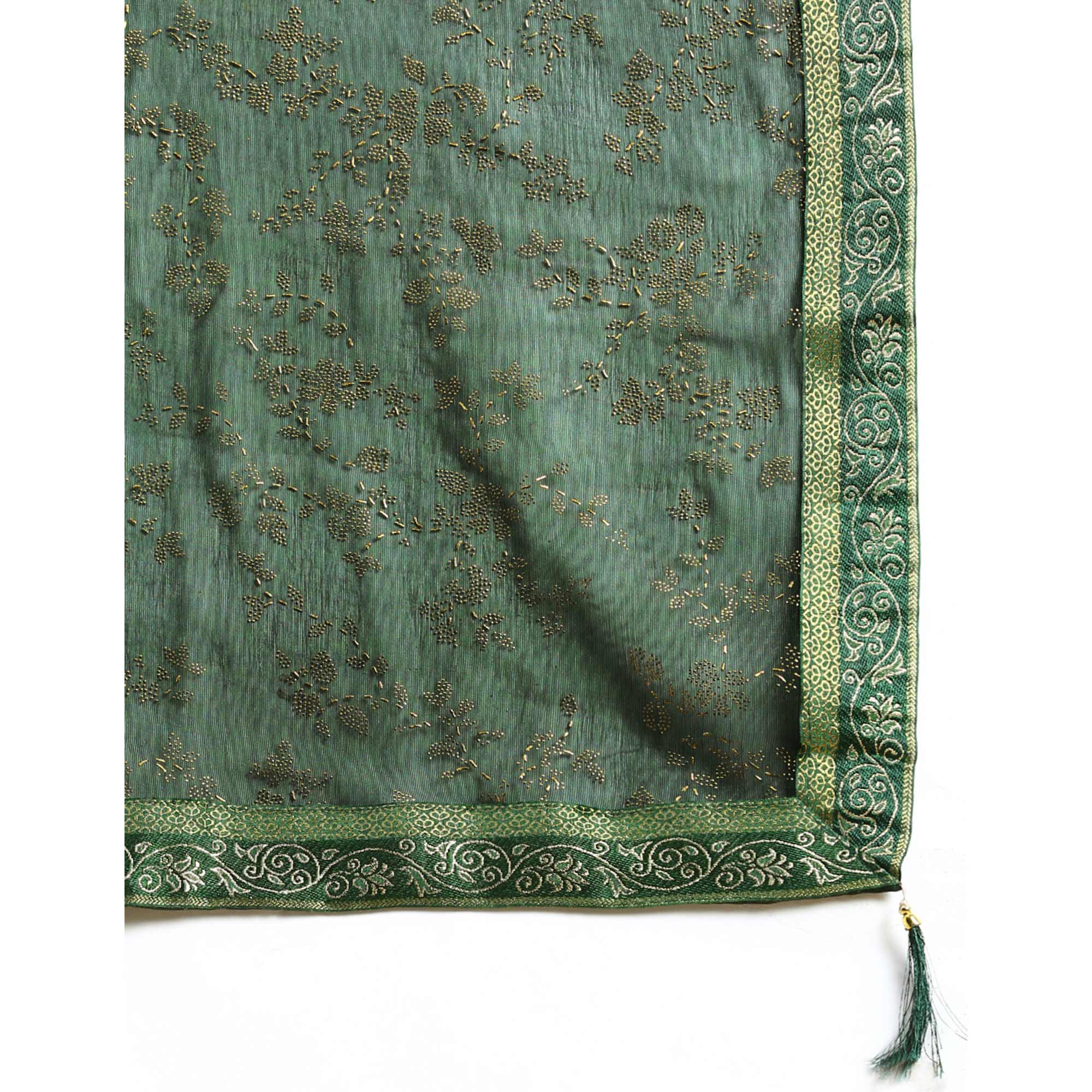 Green Floral Foil Printed Shimmer Saree