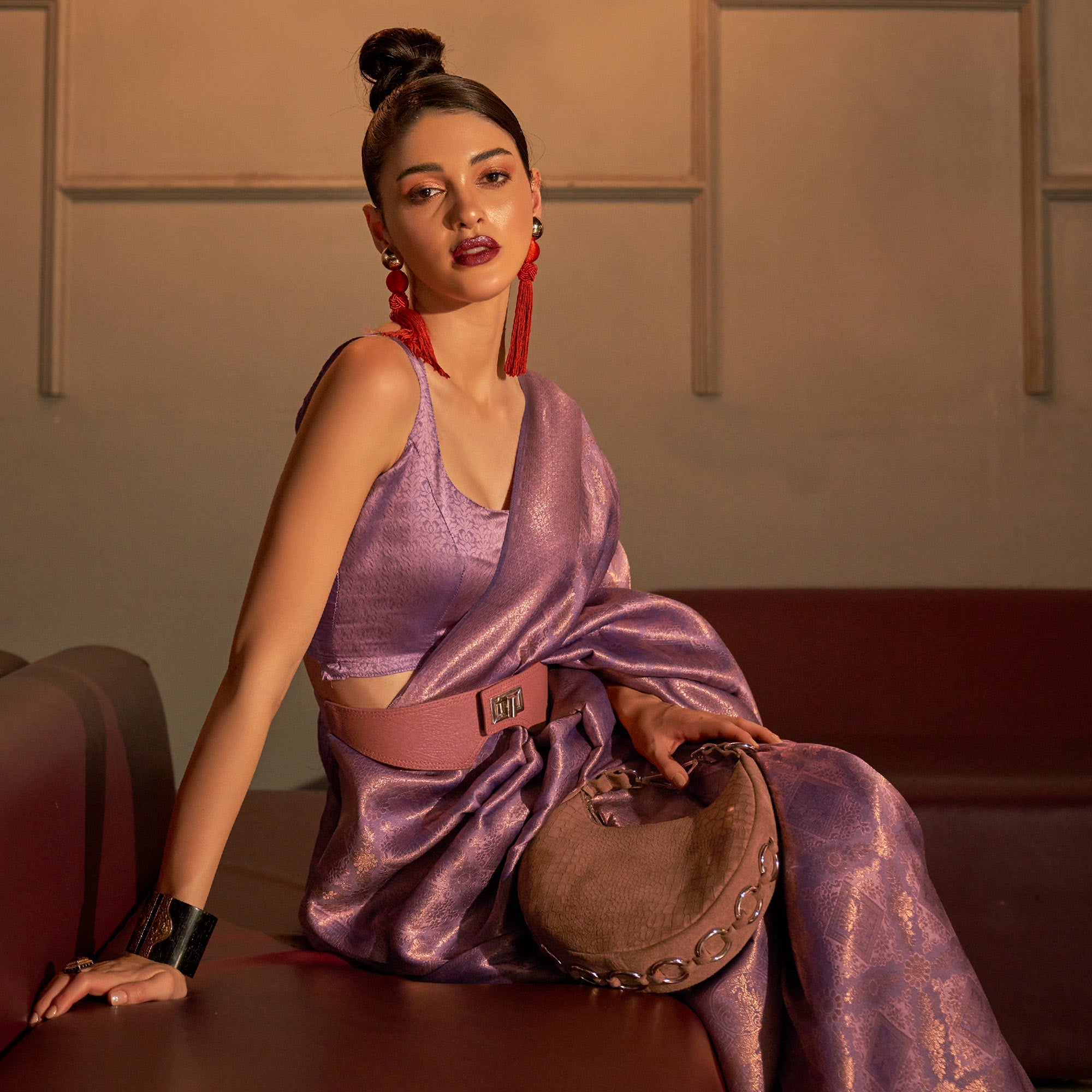 Purple Woven Art Silk Saree With Tassels