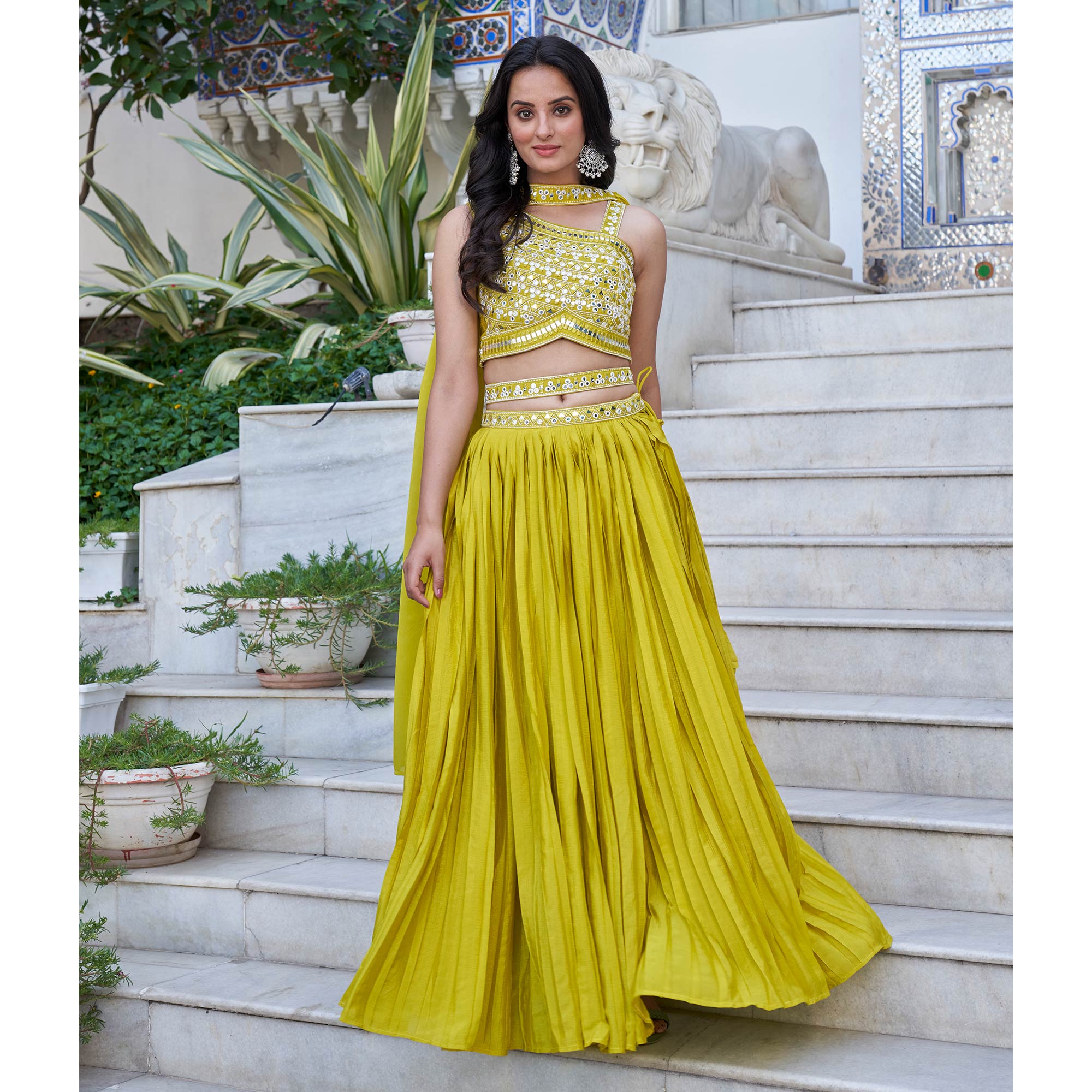Lemon Green Embroidered Chiffon Plated Lehenga Choli