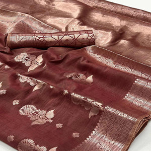 Brown Floral Woven Organza Saree