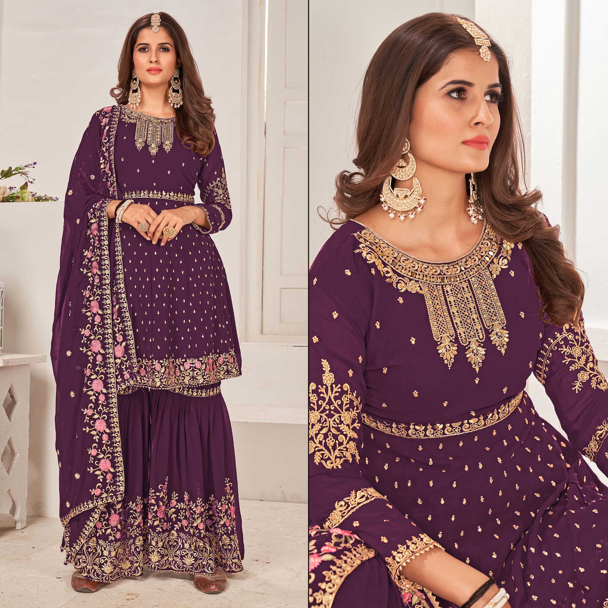 Purple Sequins Embroidered Georgette Sharara Suit