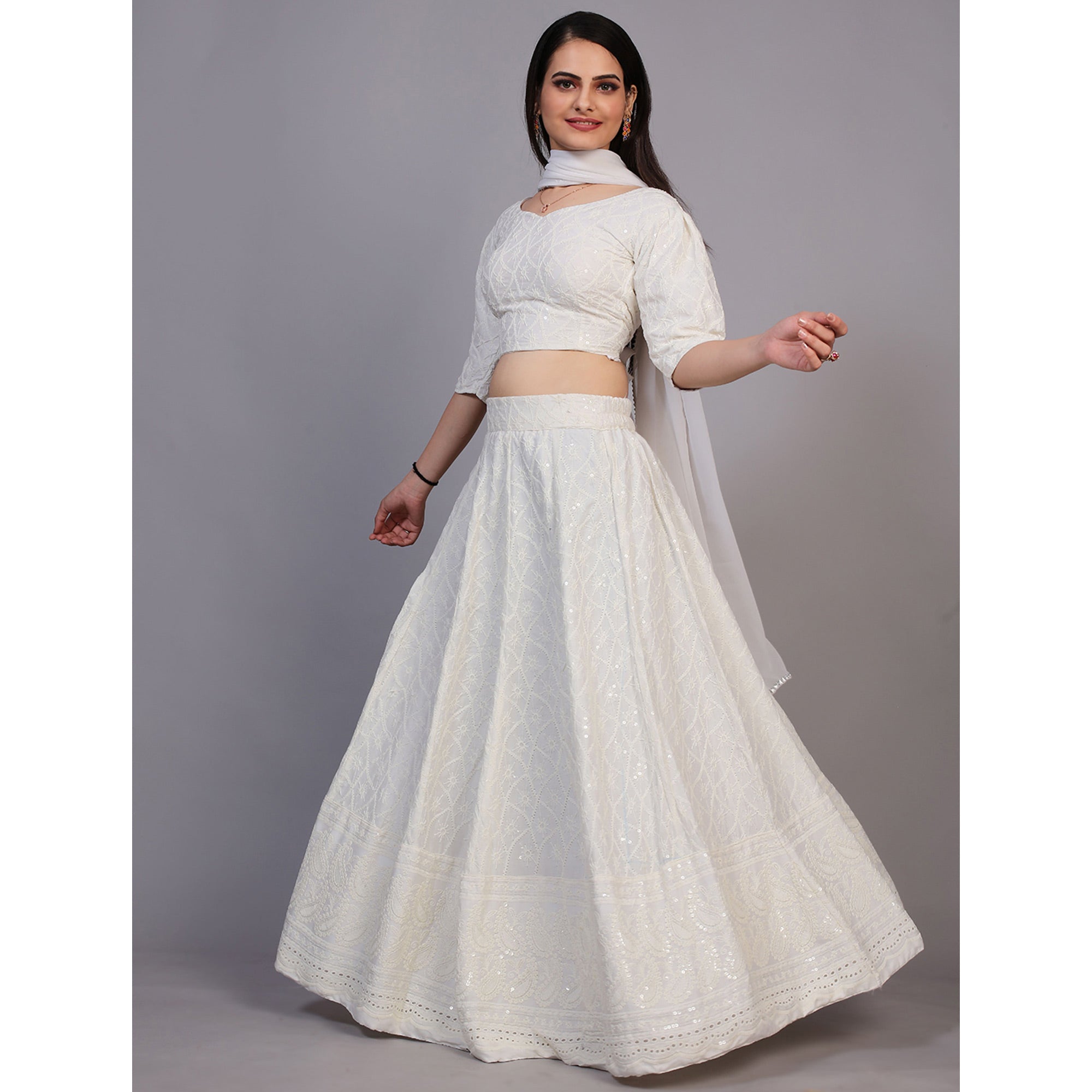 White Lucknowi Chikankari Work Rayon Lehenga Choli