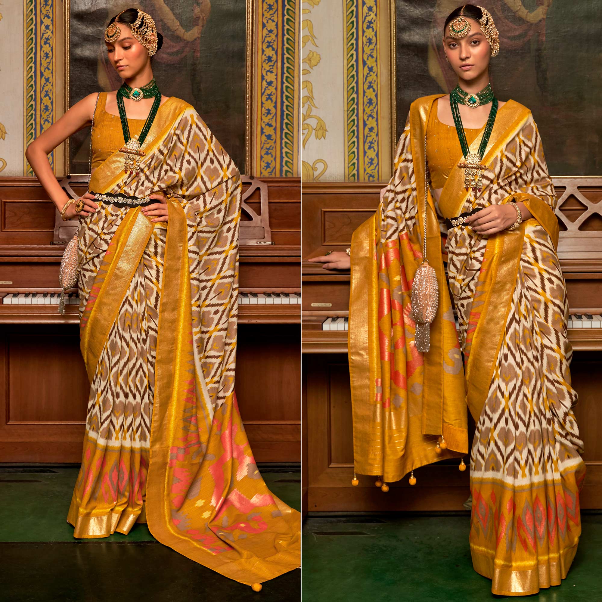 Mustard & Off White Printed Art Silk Saree