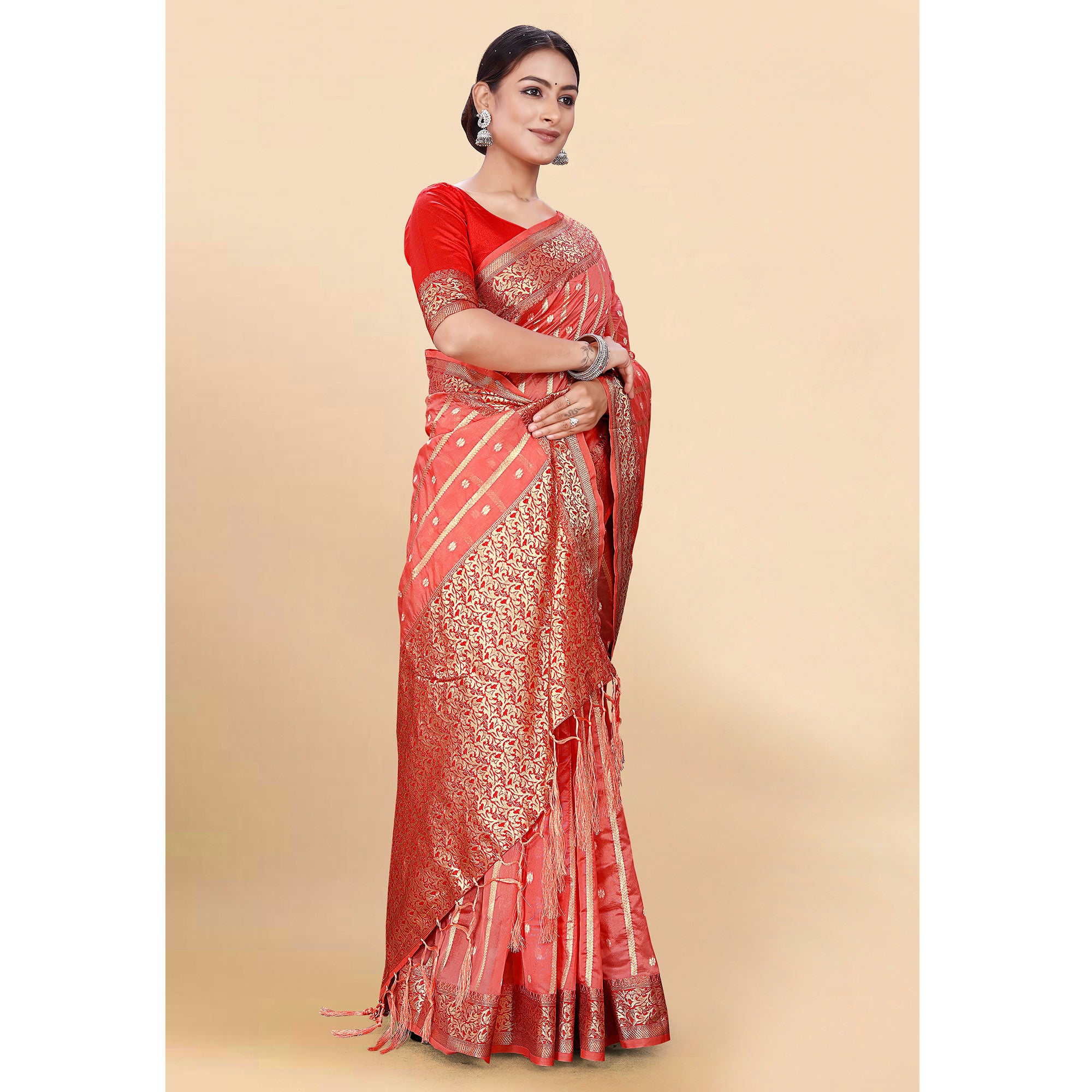 Pink Woven Organza Saree With Tassels