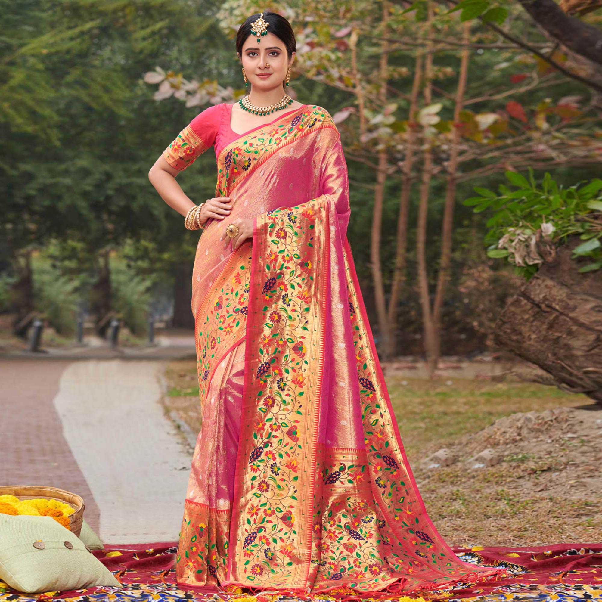 Pink Woven Art Silk Paithani Saree With Tassels