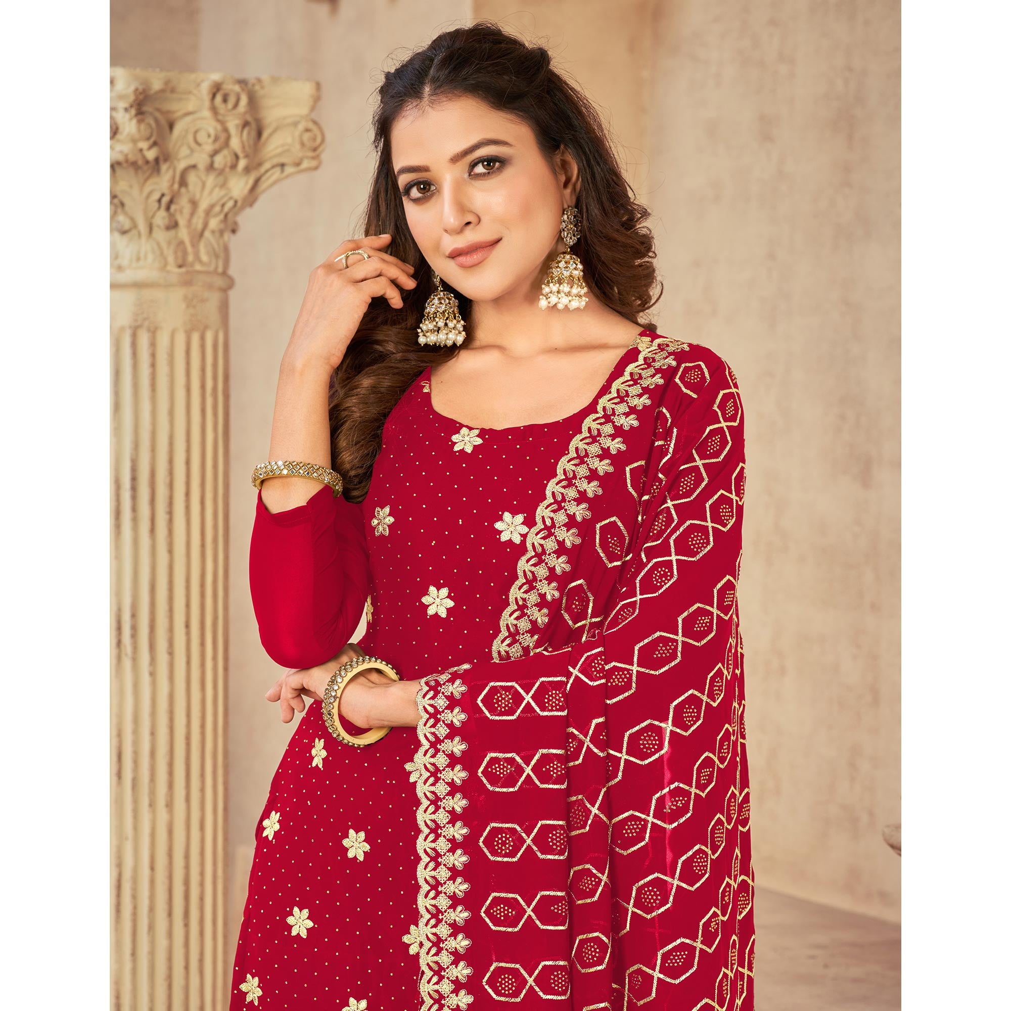 Red Embroidered Georgette Suit