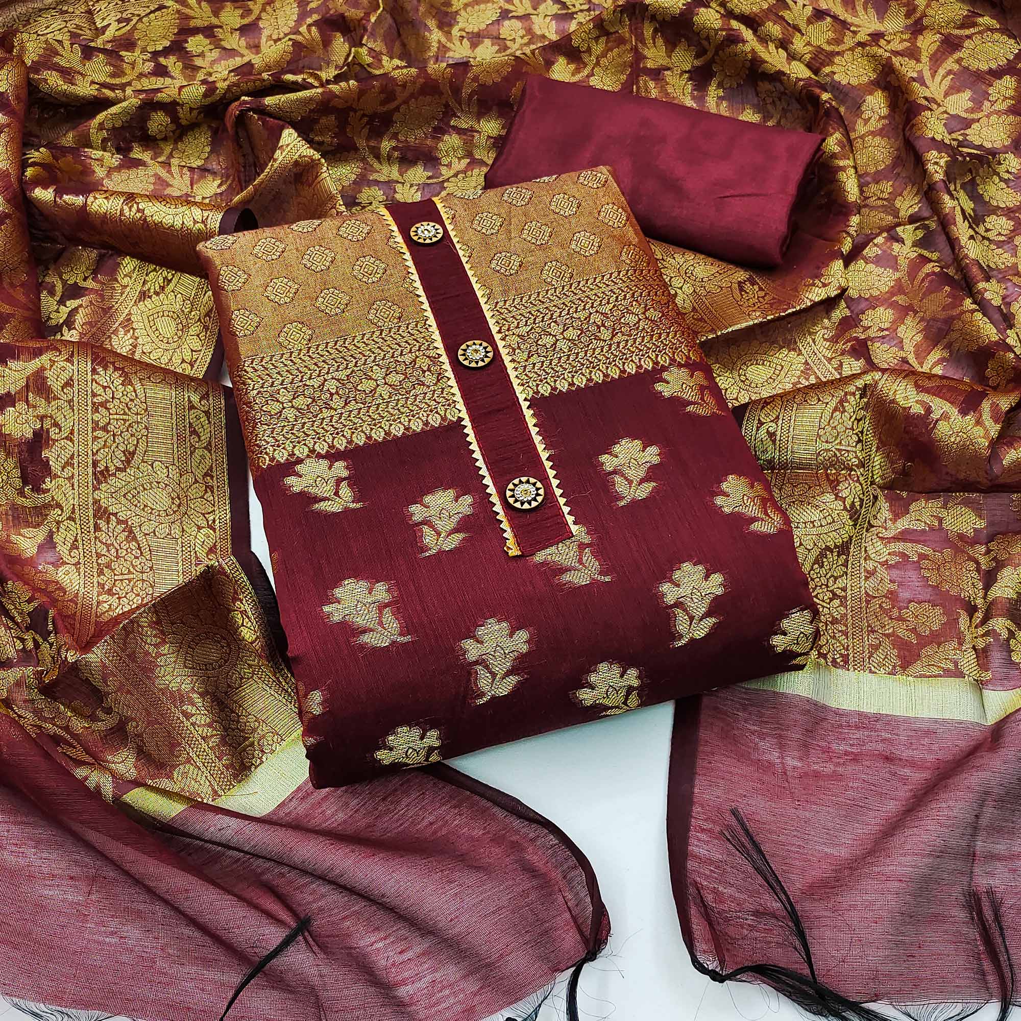 Maroon Floral Woven Banarasi Silk Dress Material