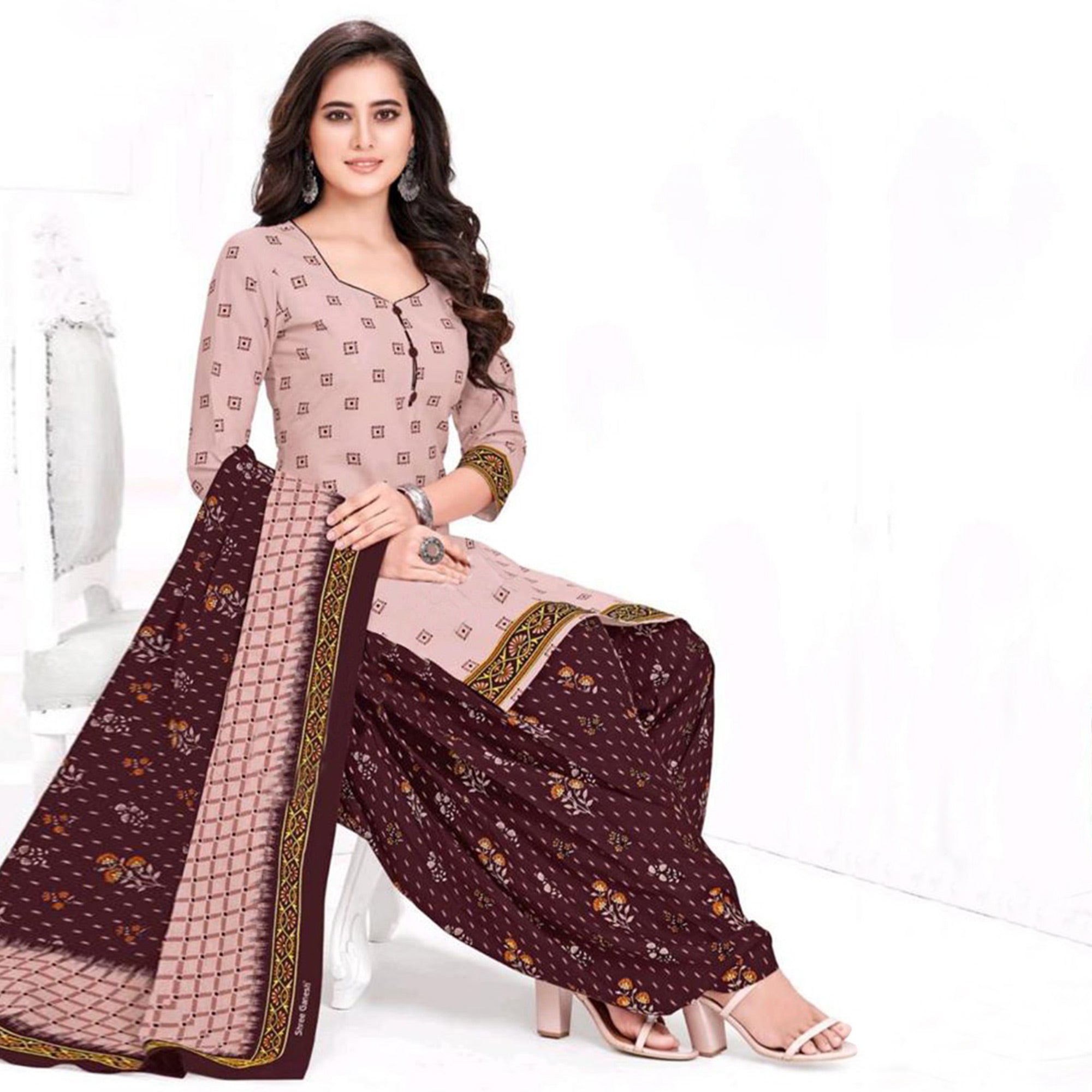 Light Pink Printed Crepe Patiala Dress Material