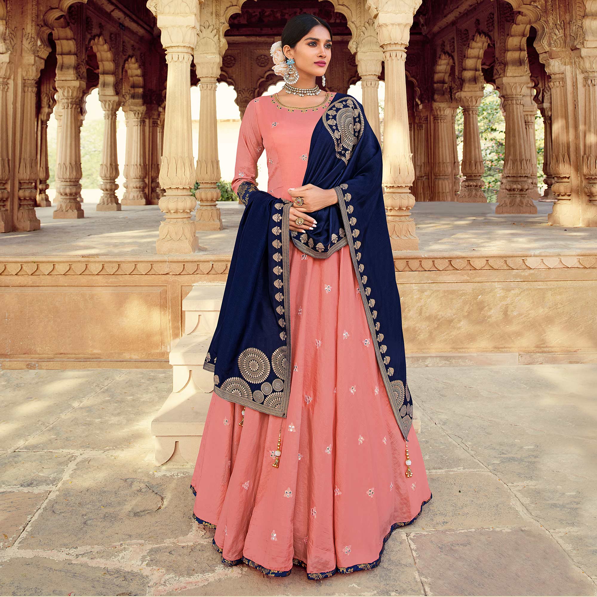 Peach Embroidered With Handwork Dola Silk Gown