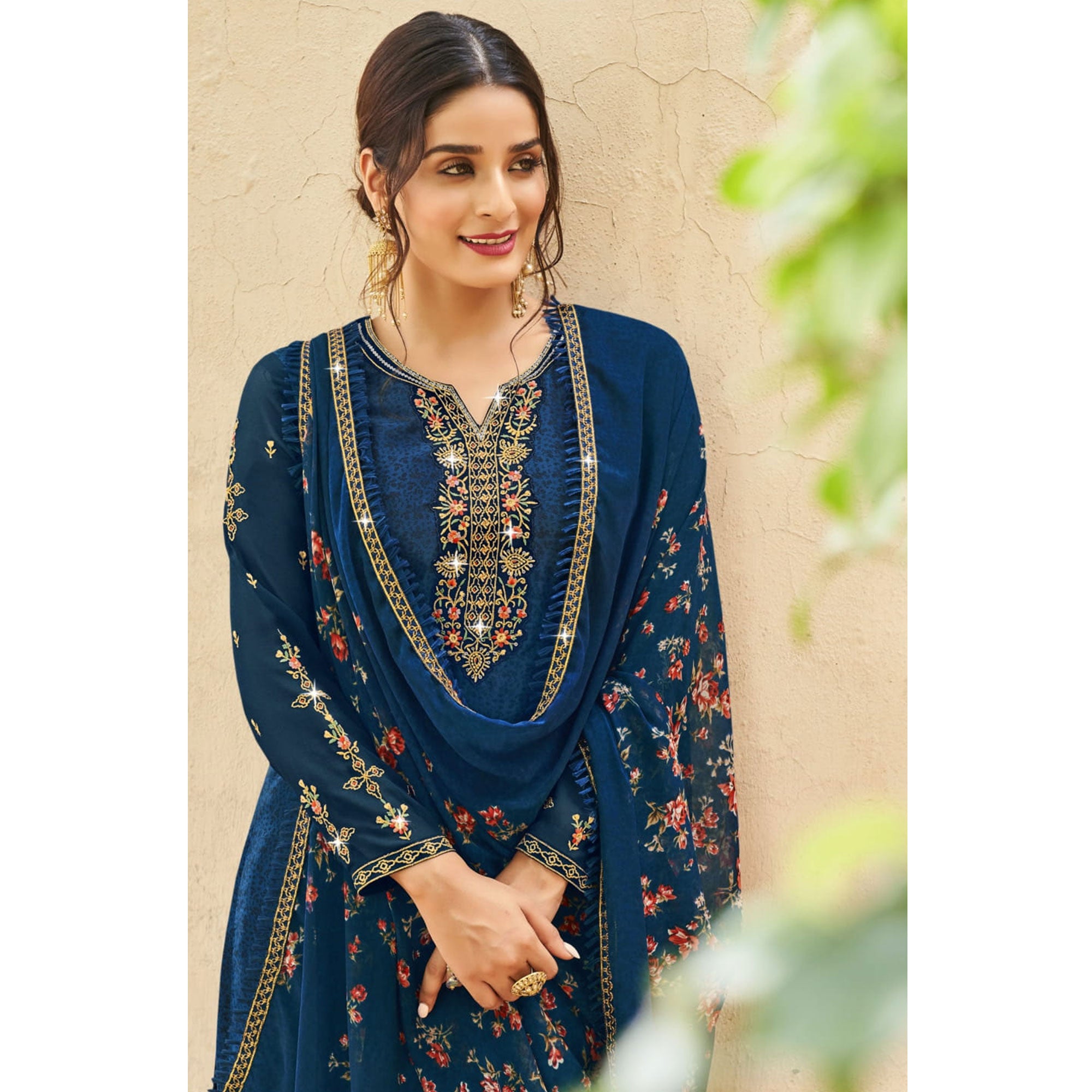 Navy Blue Floral Embroidered Crepe Patiala Suit