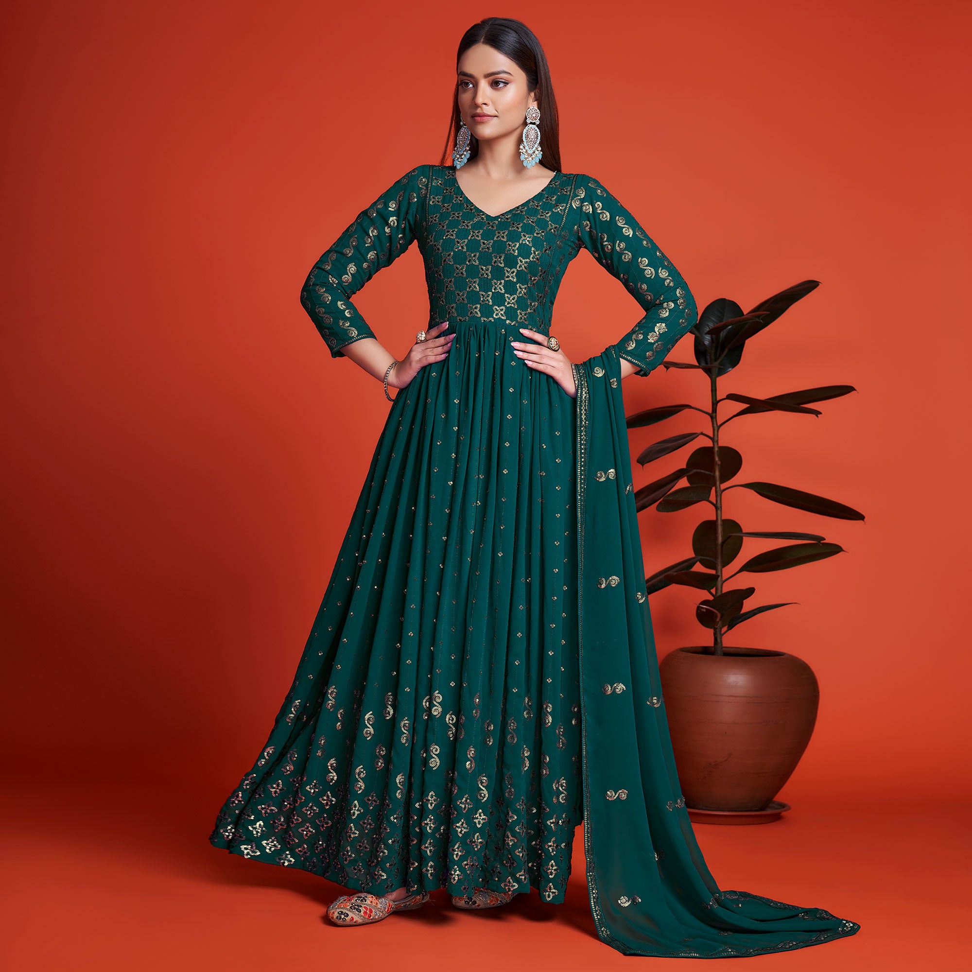 Rayon Fabric Teal Color Casual Wear Redymade Long Gown Style Kurti