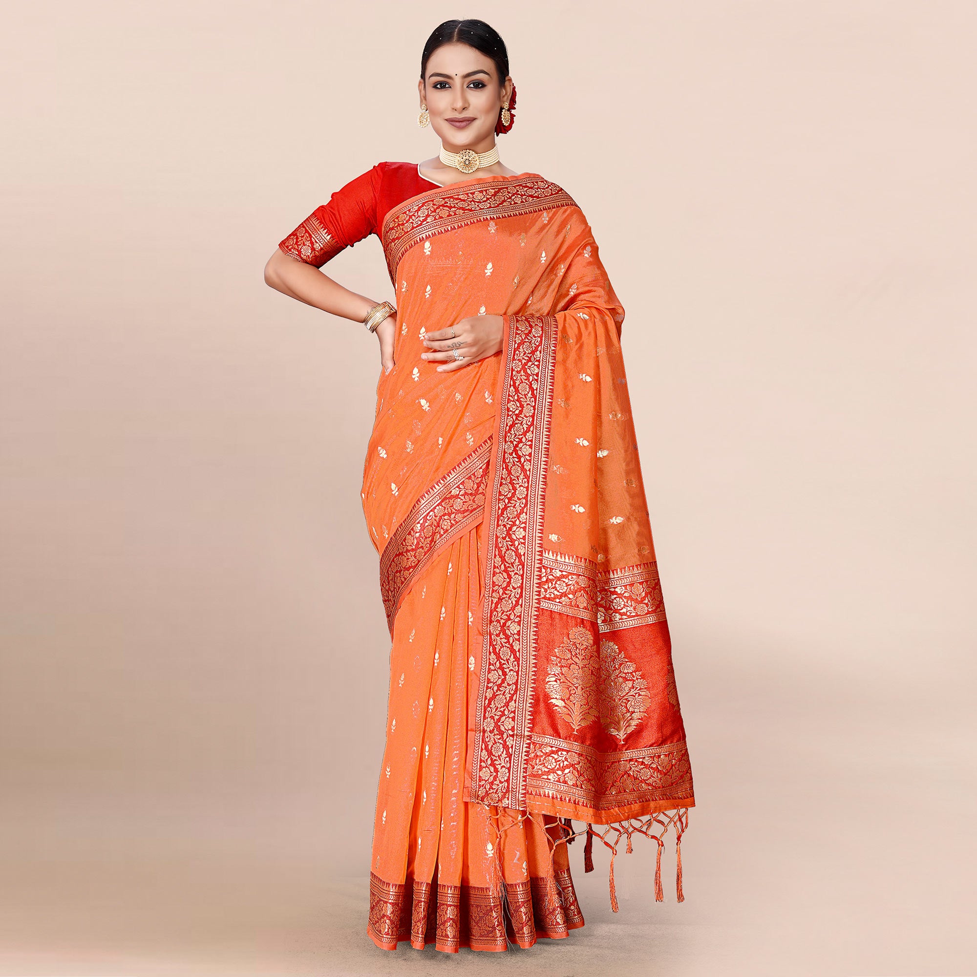 Orange Woven Organza Saree With Tassels