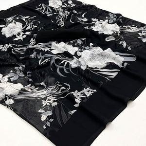Black And White Floral Printed Georgette Saree