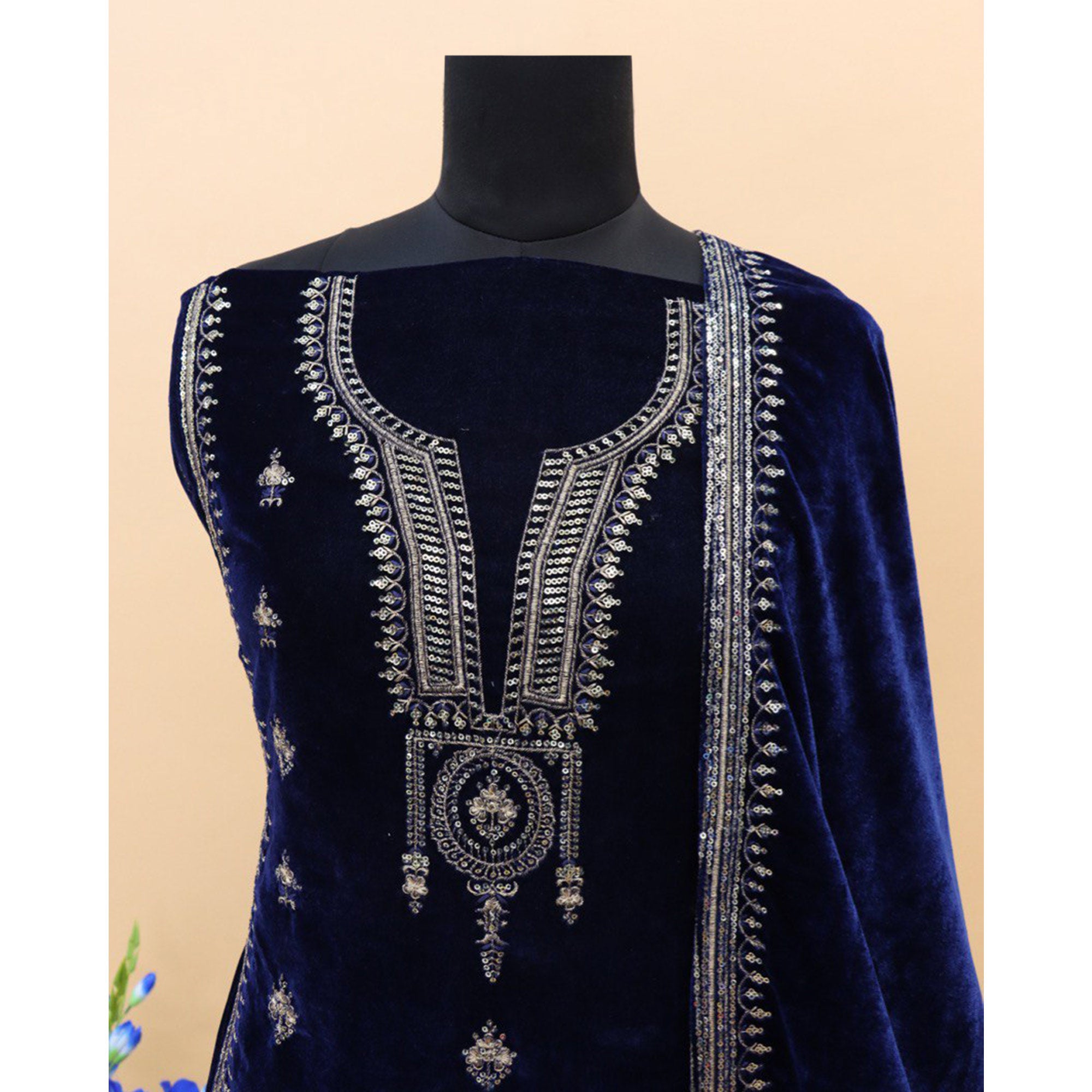 Blue Embroidered Velvet Pakistani Suit