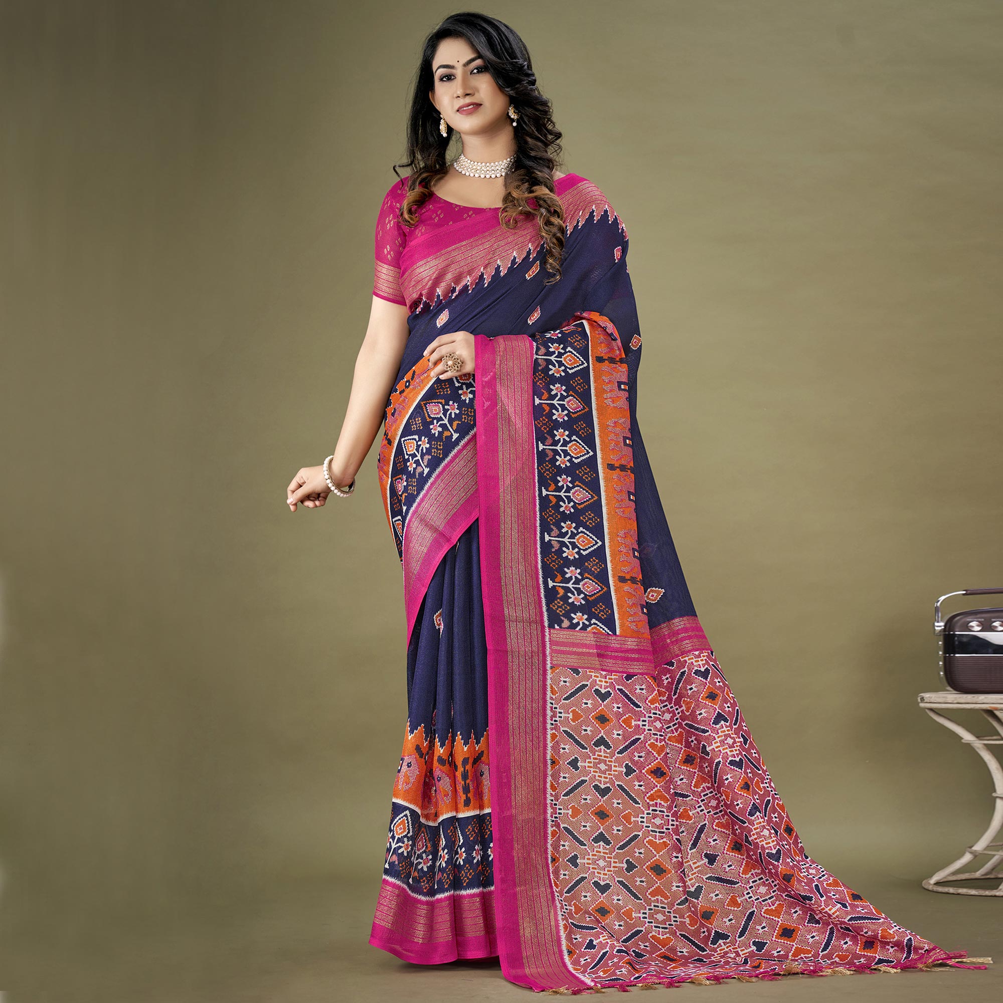 Navy Blue Printed Jute Patola Saree