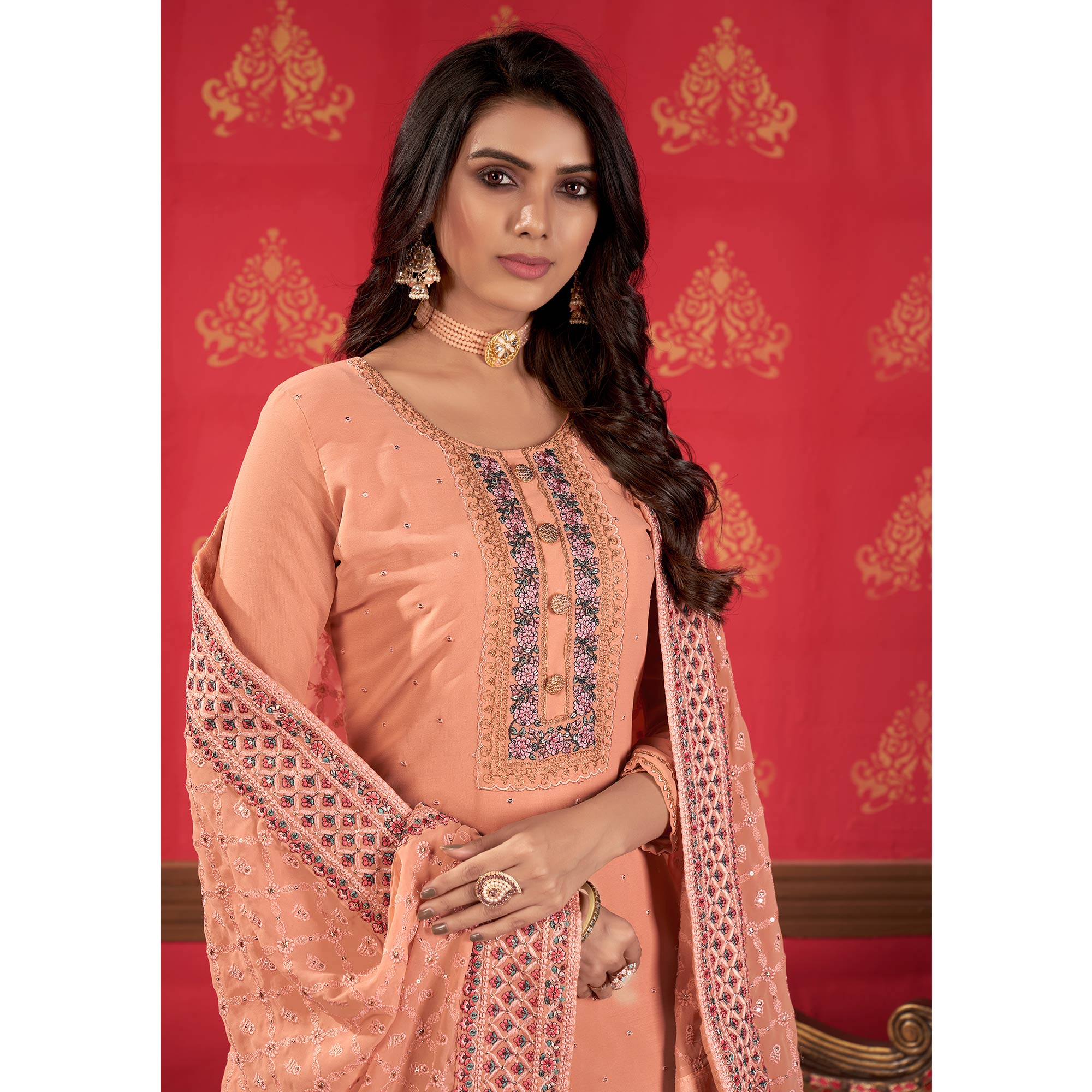 Peach Embroidered Georgette Sharara Suit