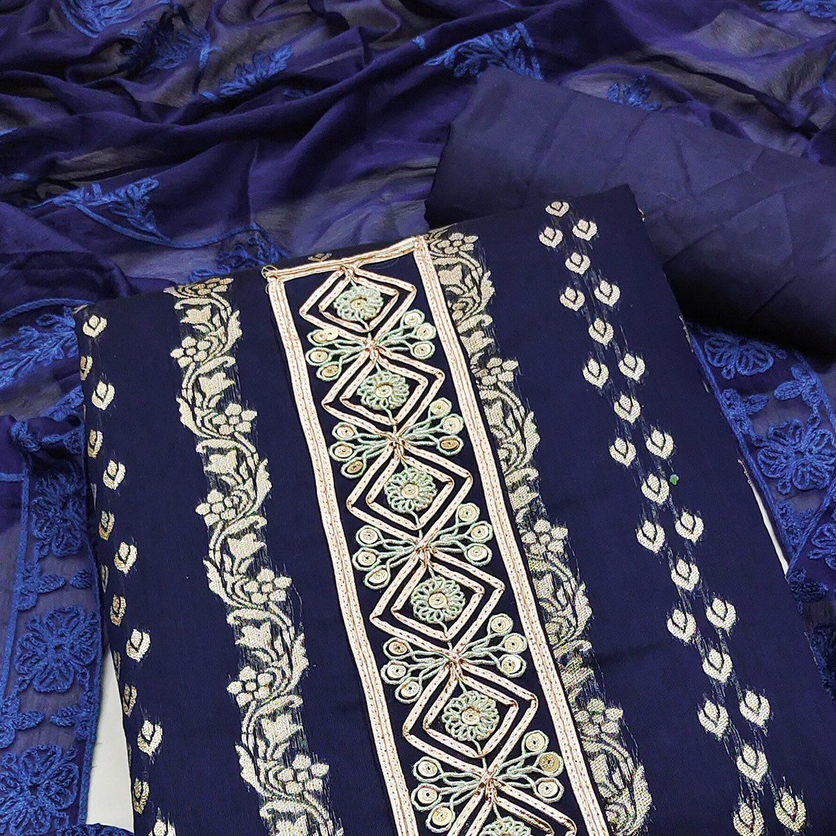 Navy Blue Woven Banarasi Silk Dress Material