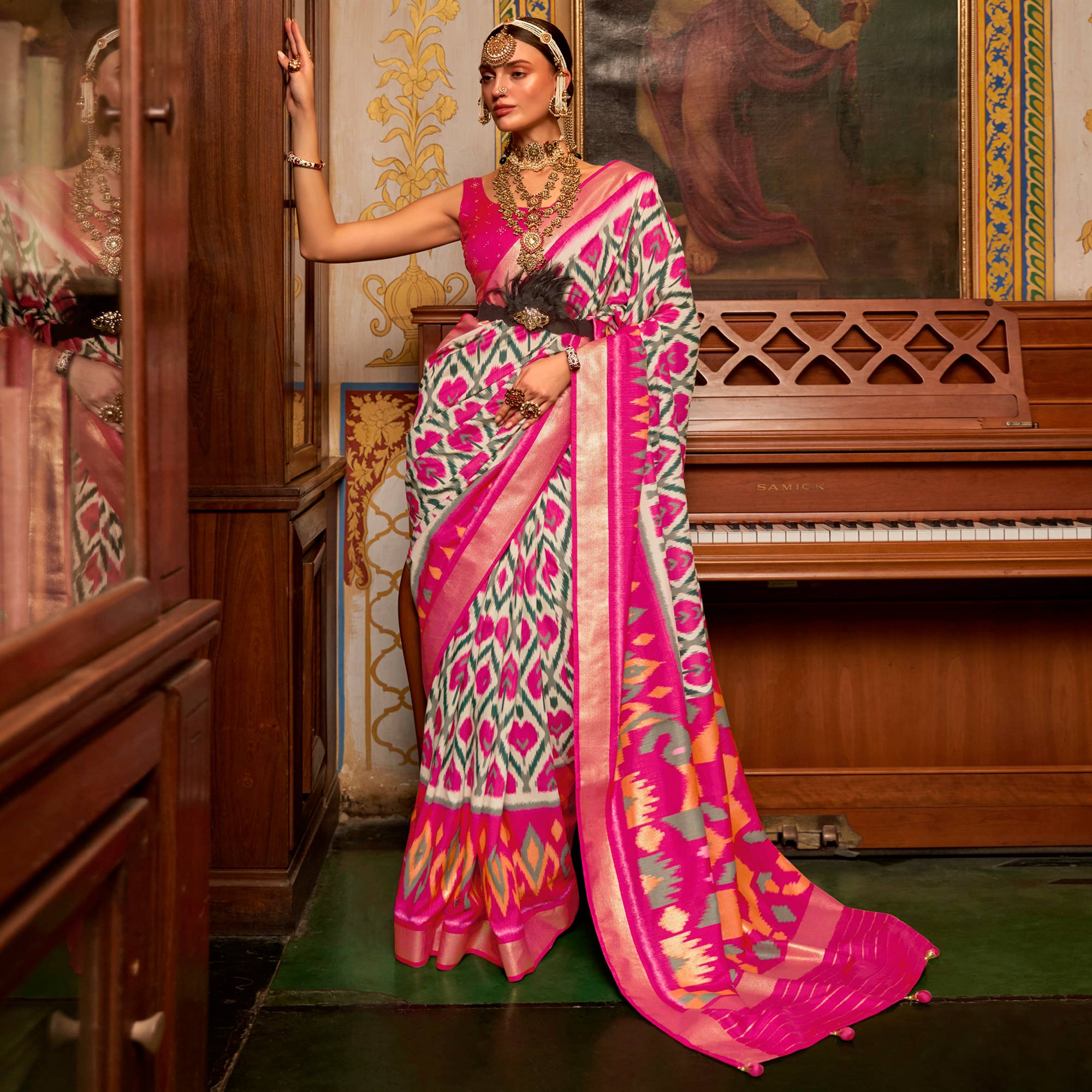 Rose Pink & Off White Printed Art Silk Saree