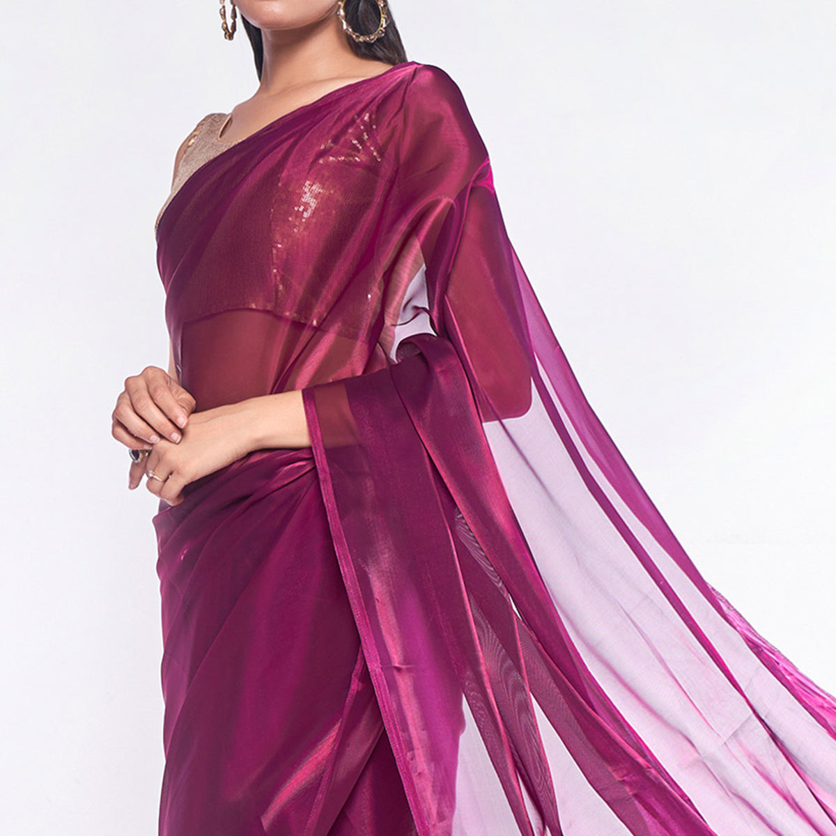 Wine Solid Organza Saree With Tassels