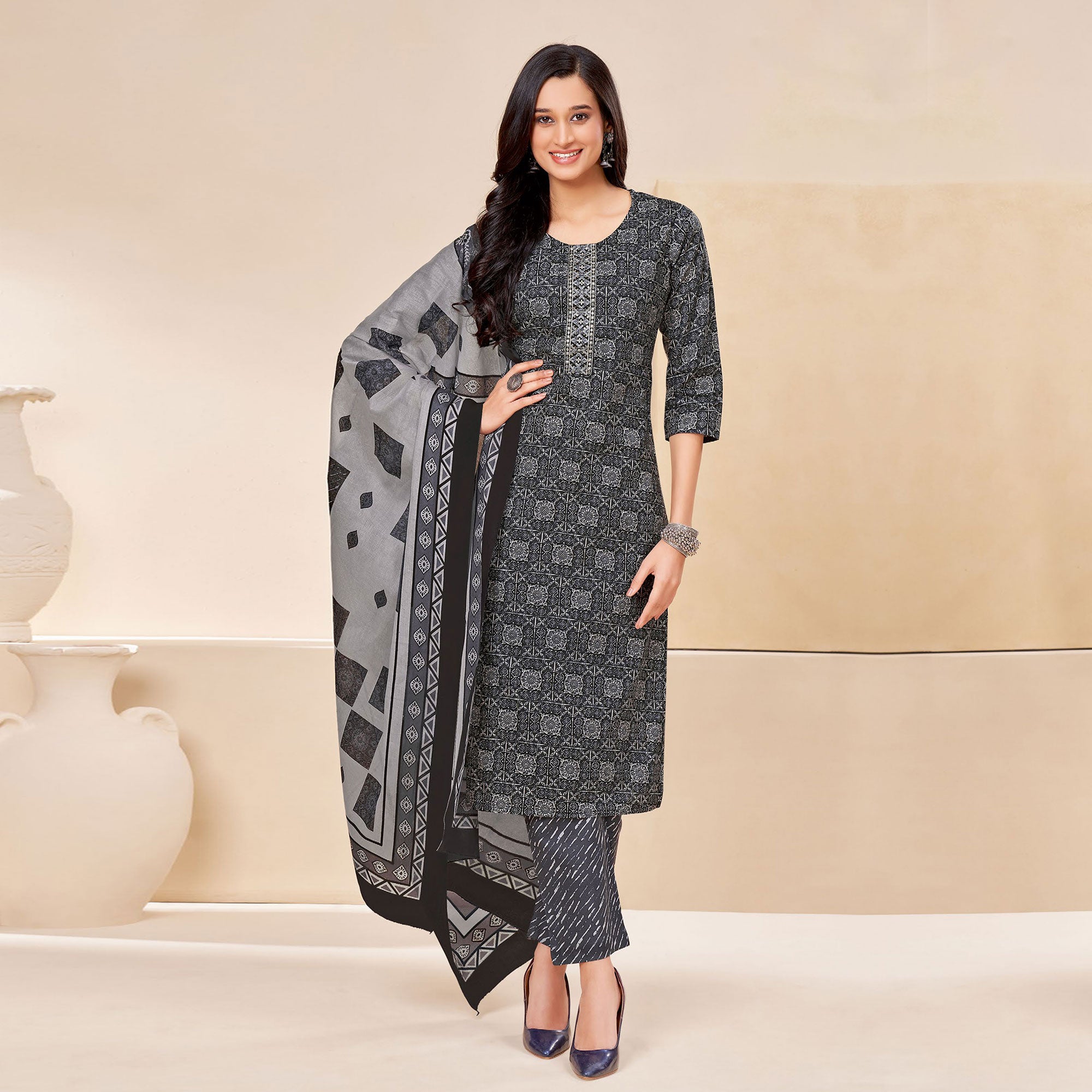 Black Printed With Tie Embroidered Pure Cotton Suit