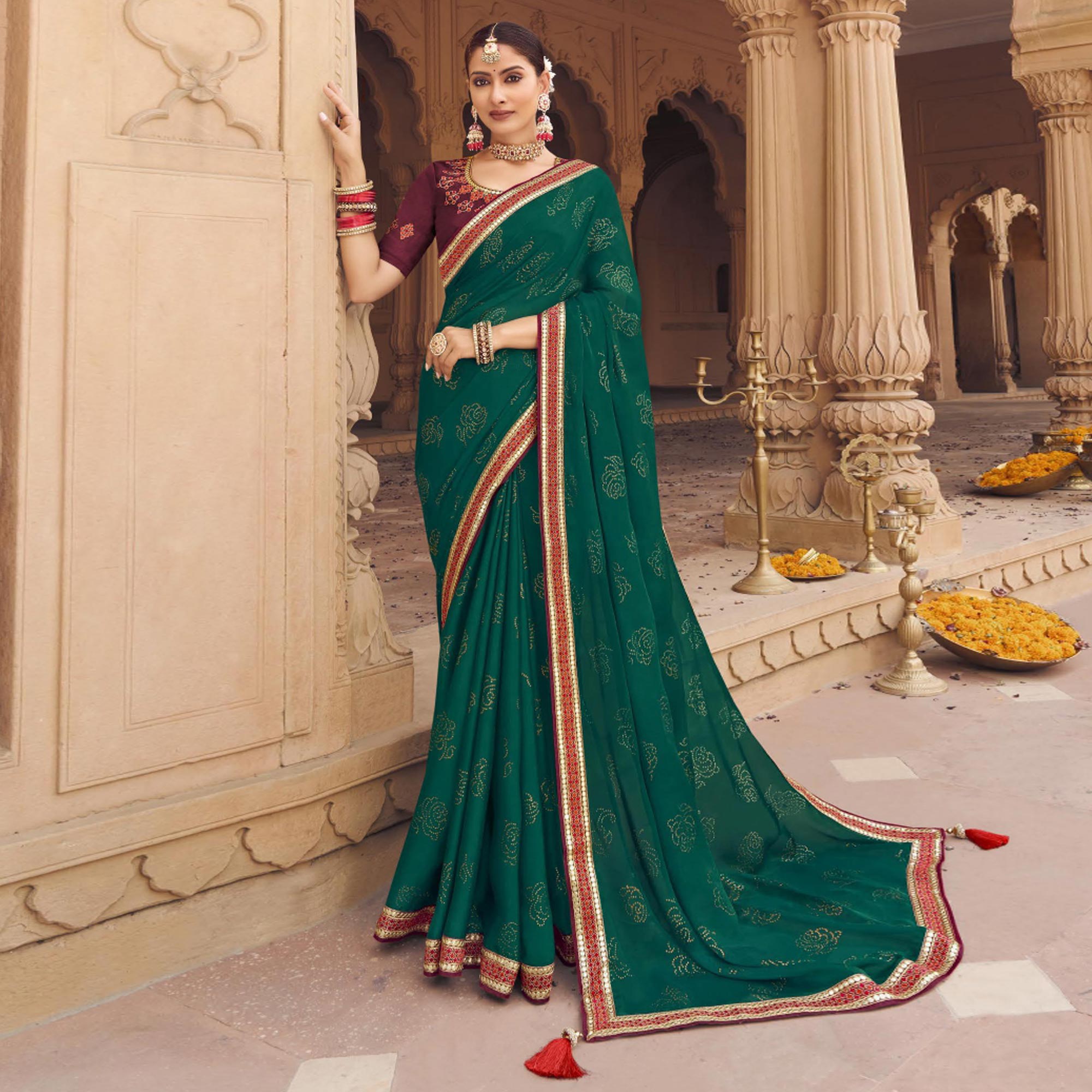 Green Embellished With Embroidered Border Satin Saree