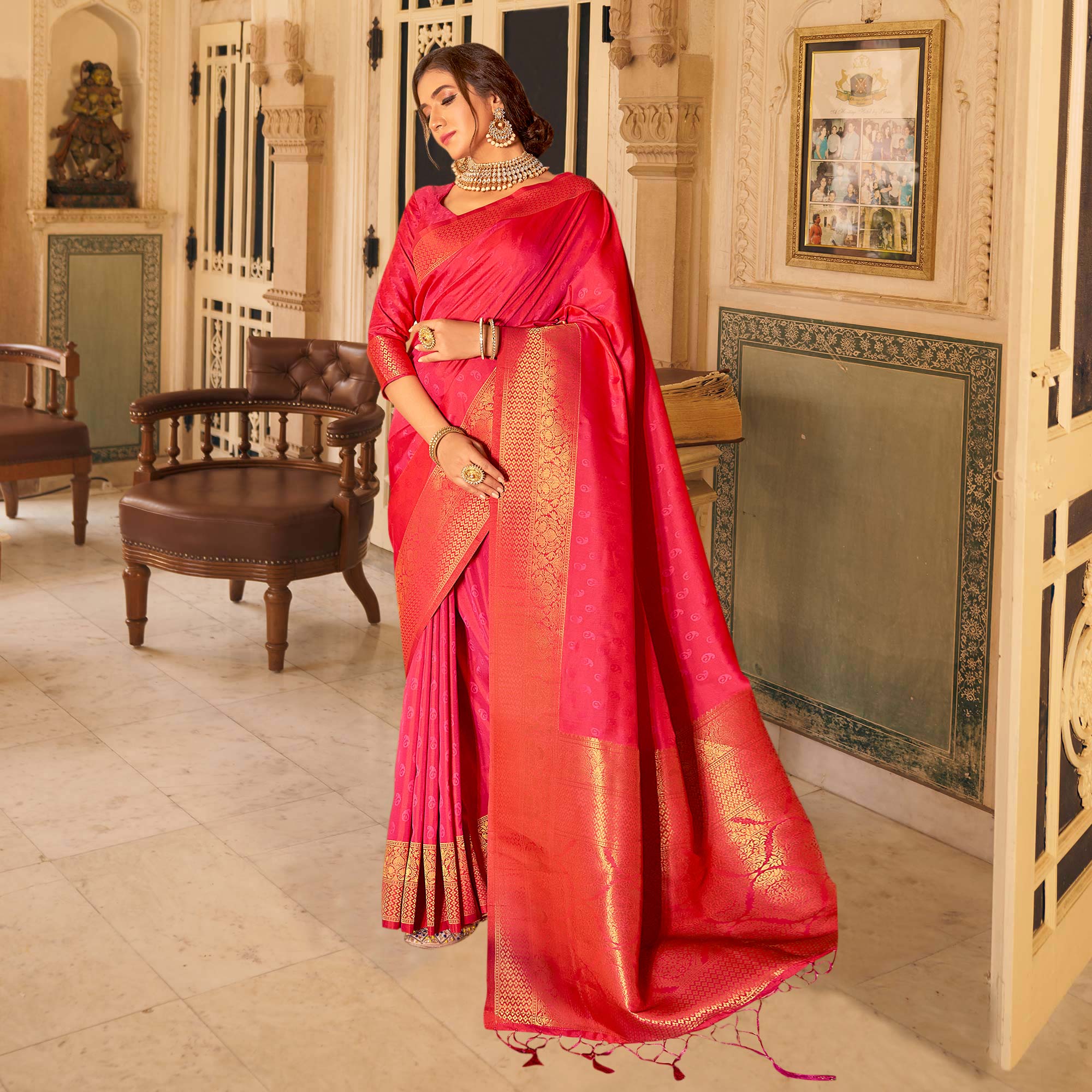 Pink Woven Banarasi Silk Saree