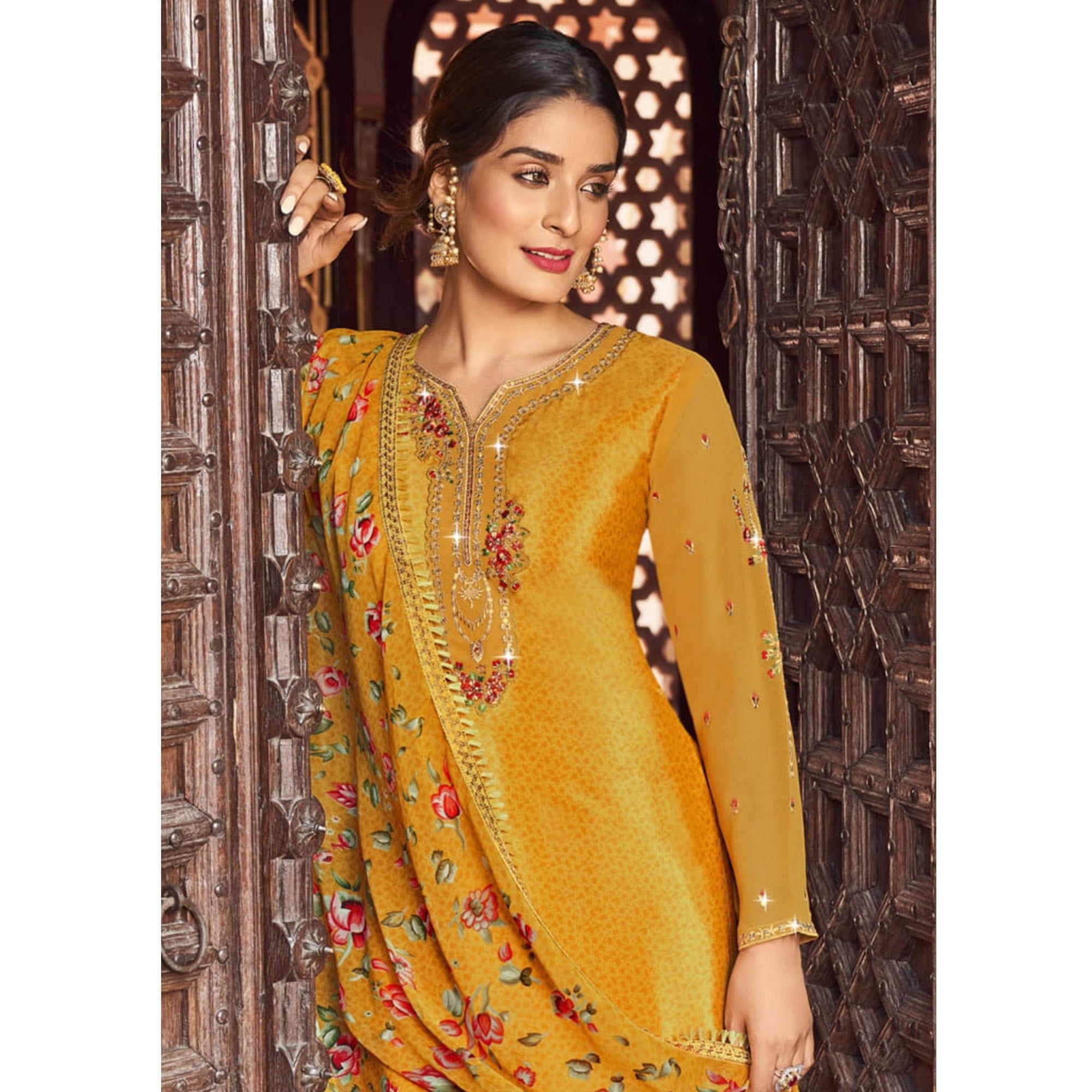 Mustard Floral Embroidered Crepe Patiala Suit