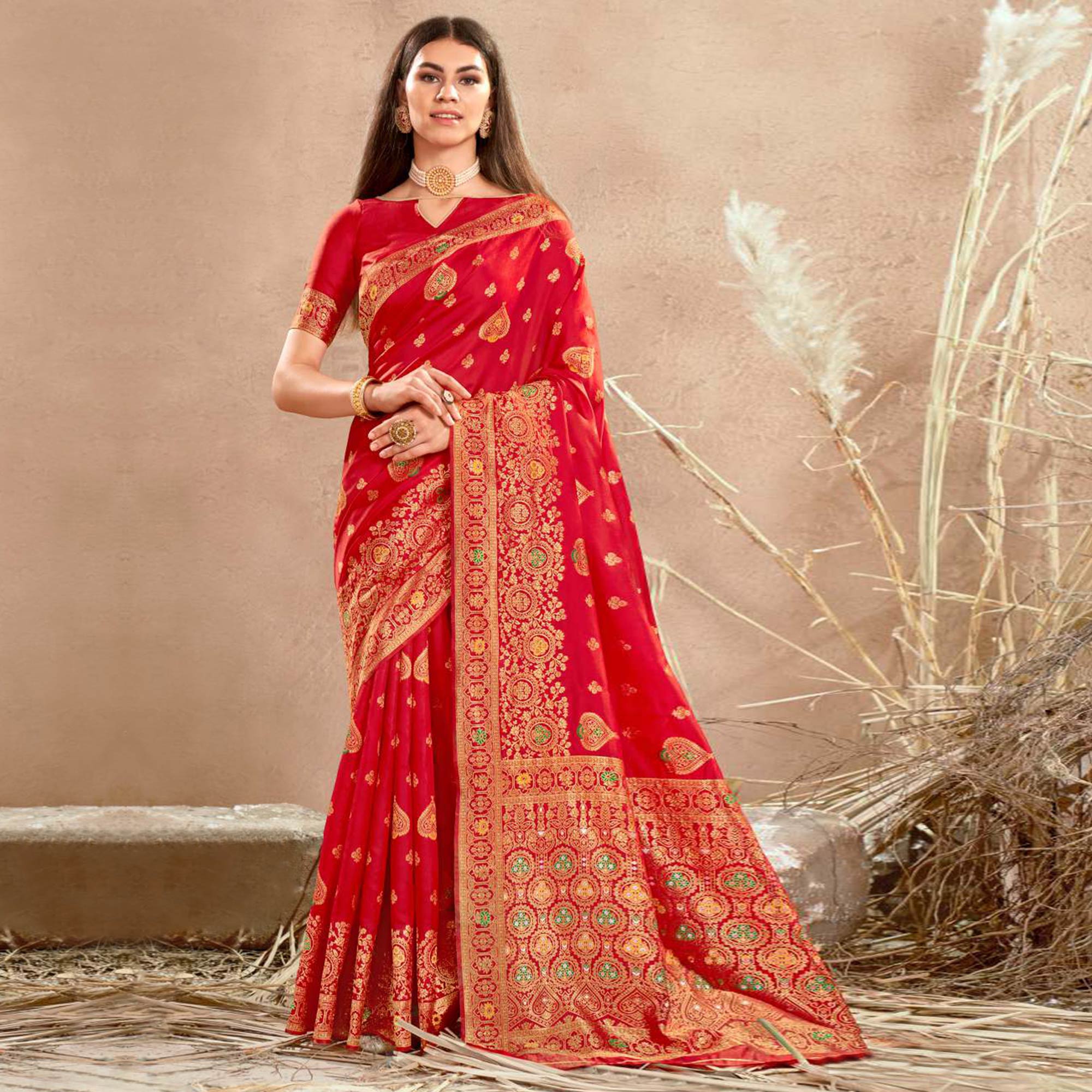Red Floral Woven Art Silk Saree