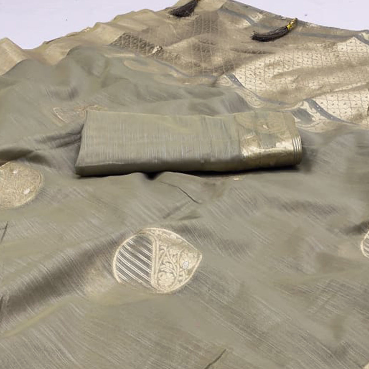 Grey Woven Art Silk Saree With Tassels