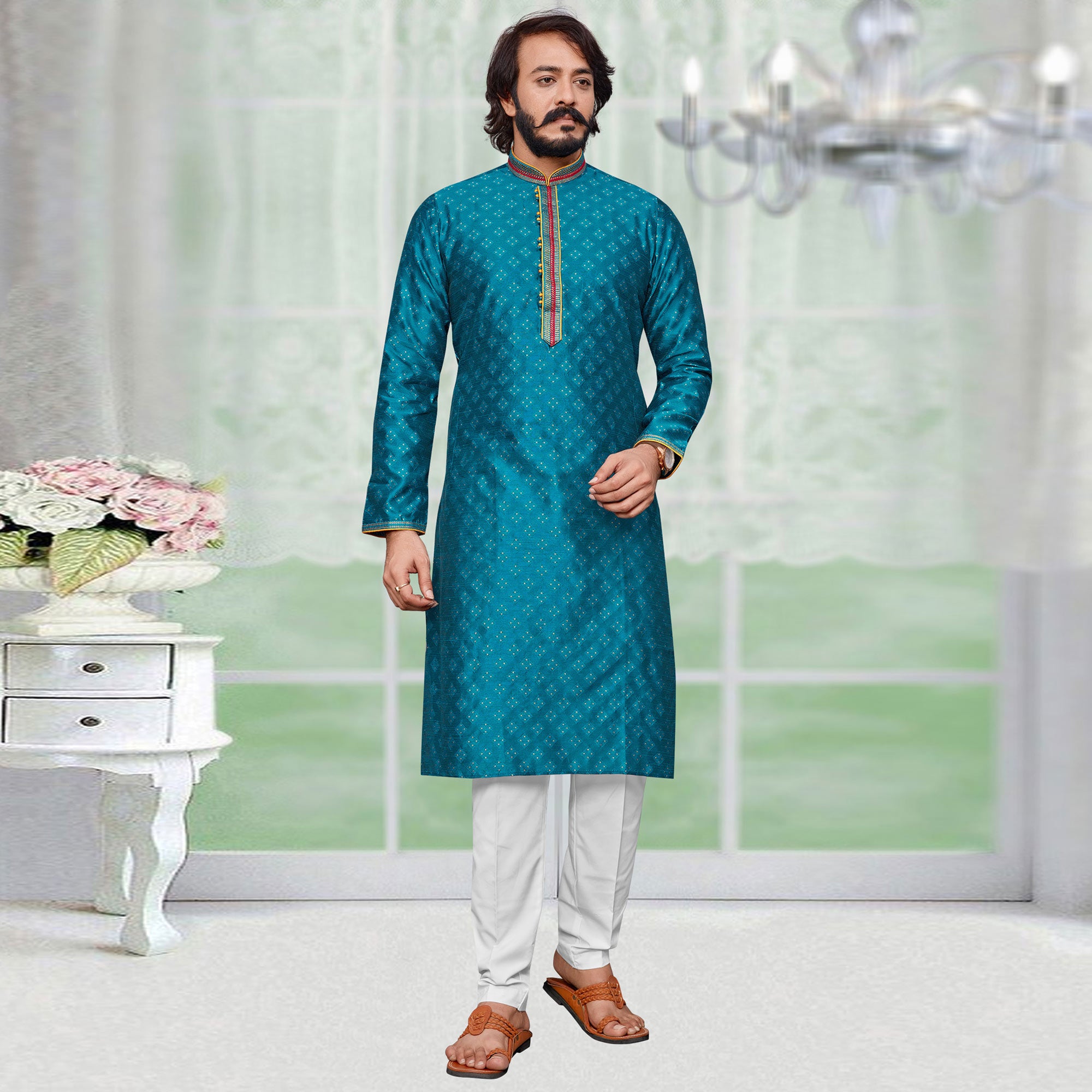 Rama Blue Woven Jacquard Kurta Pyjama Set
