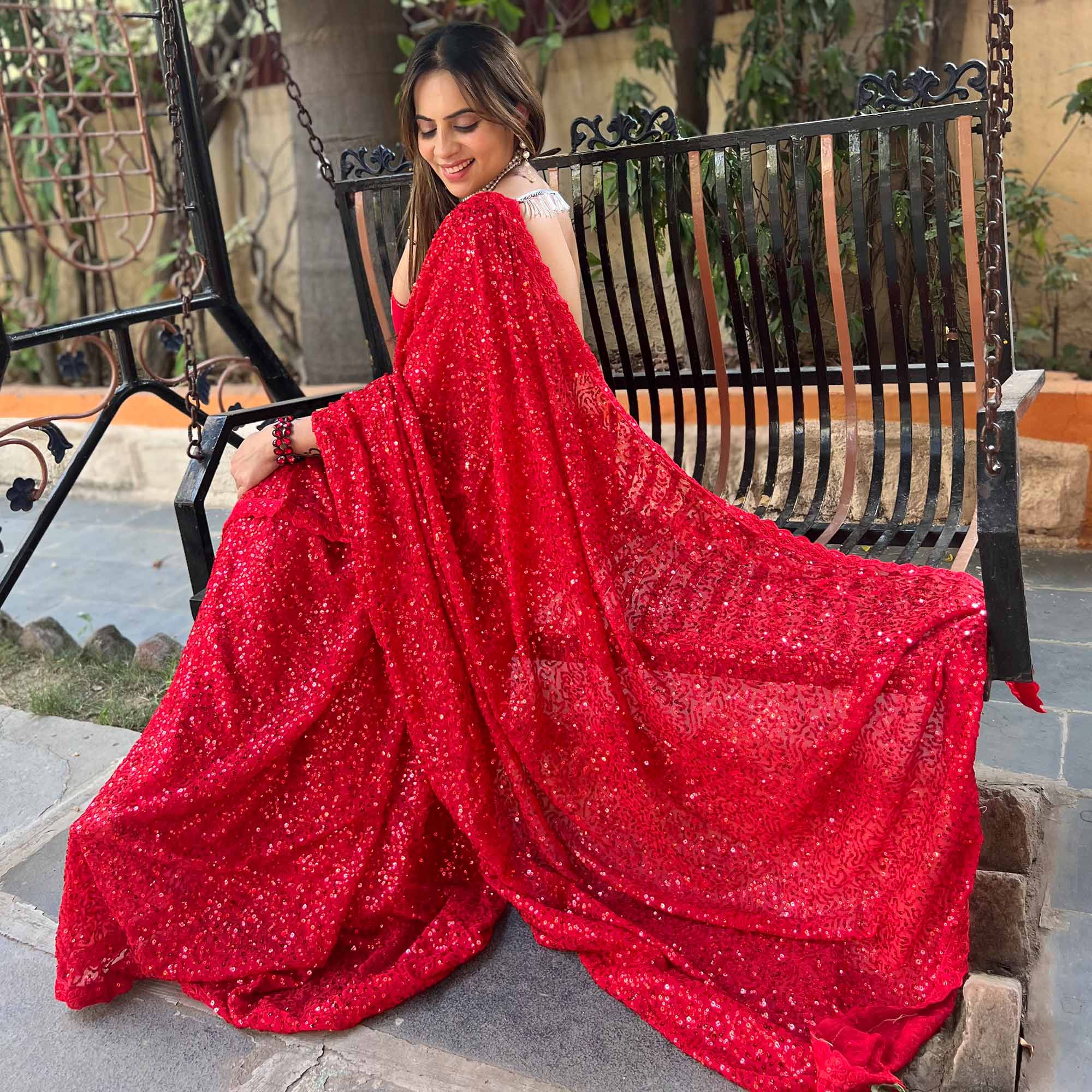 Red Sequins Embroidered Georgette Saree