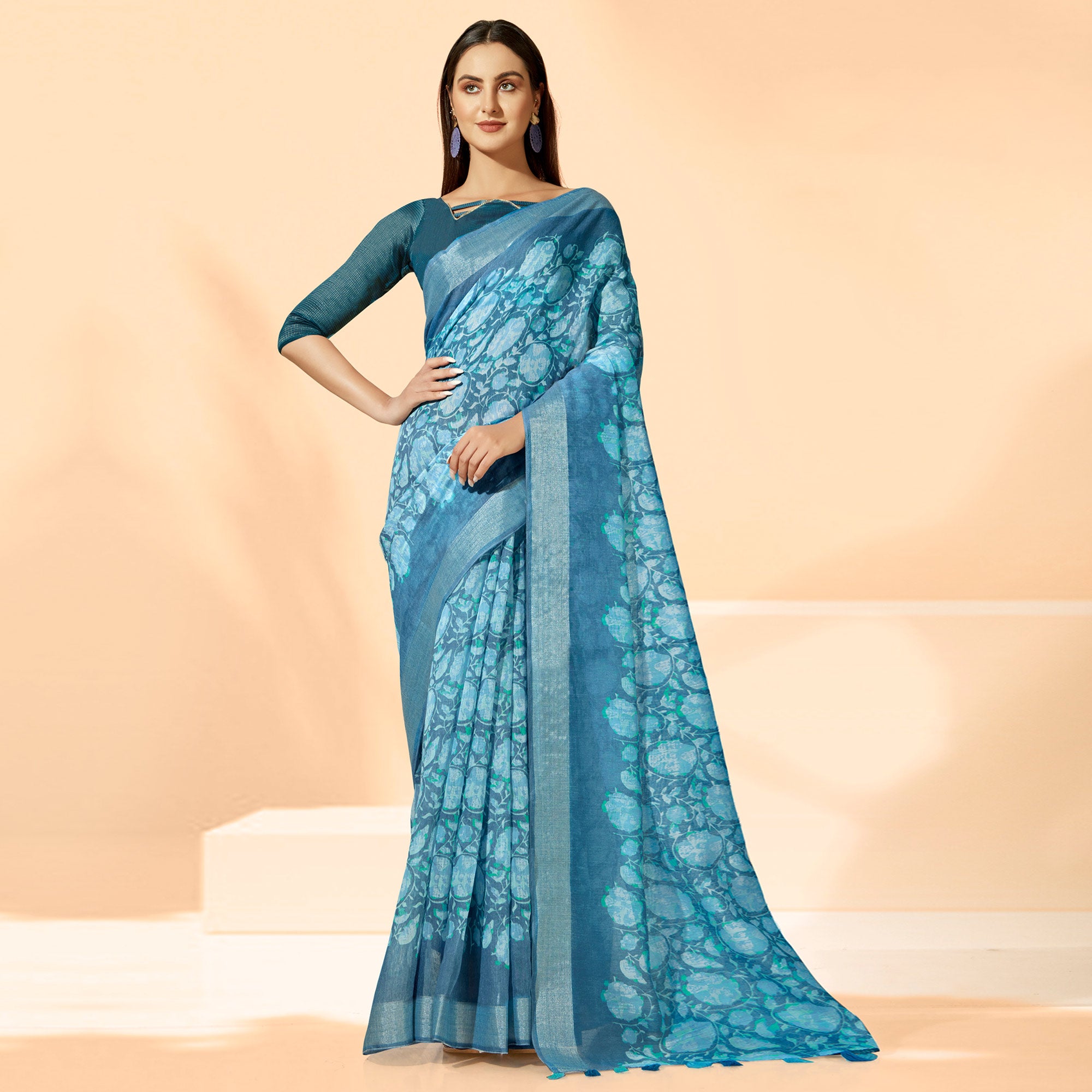 Blue Printed Cotton Silk Saree With Tassels