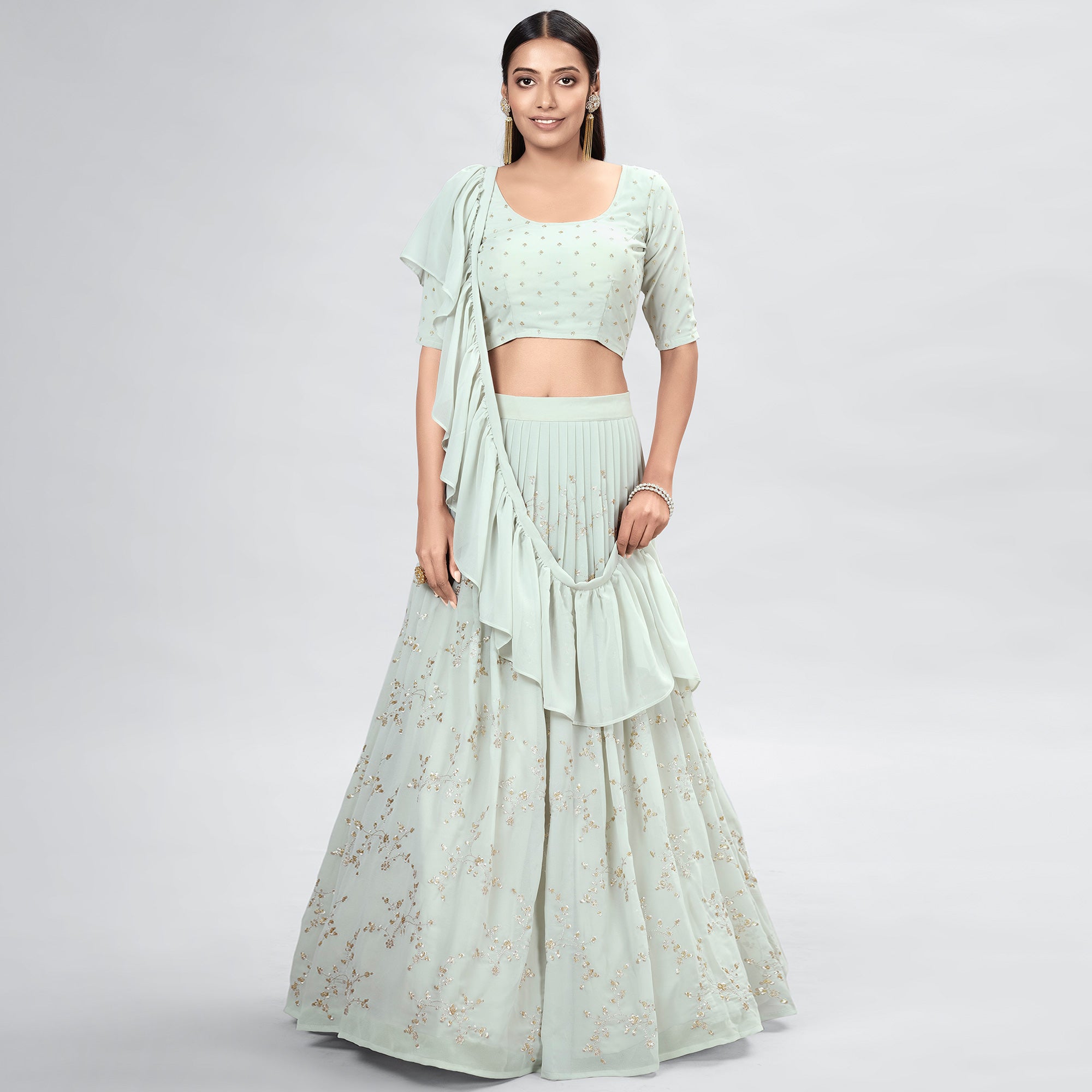 Pista Green Embroidered Georgette Lehenga Choli