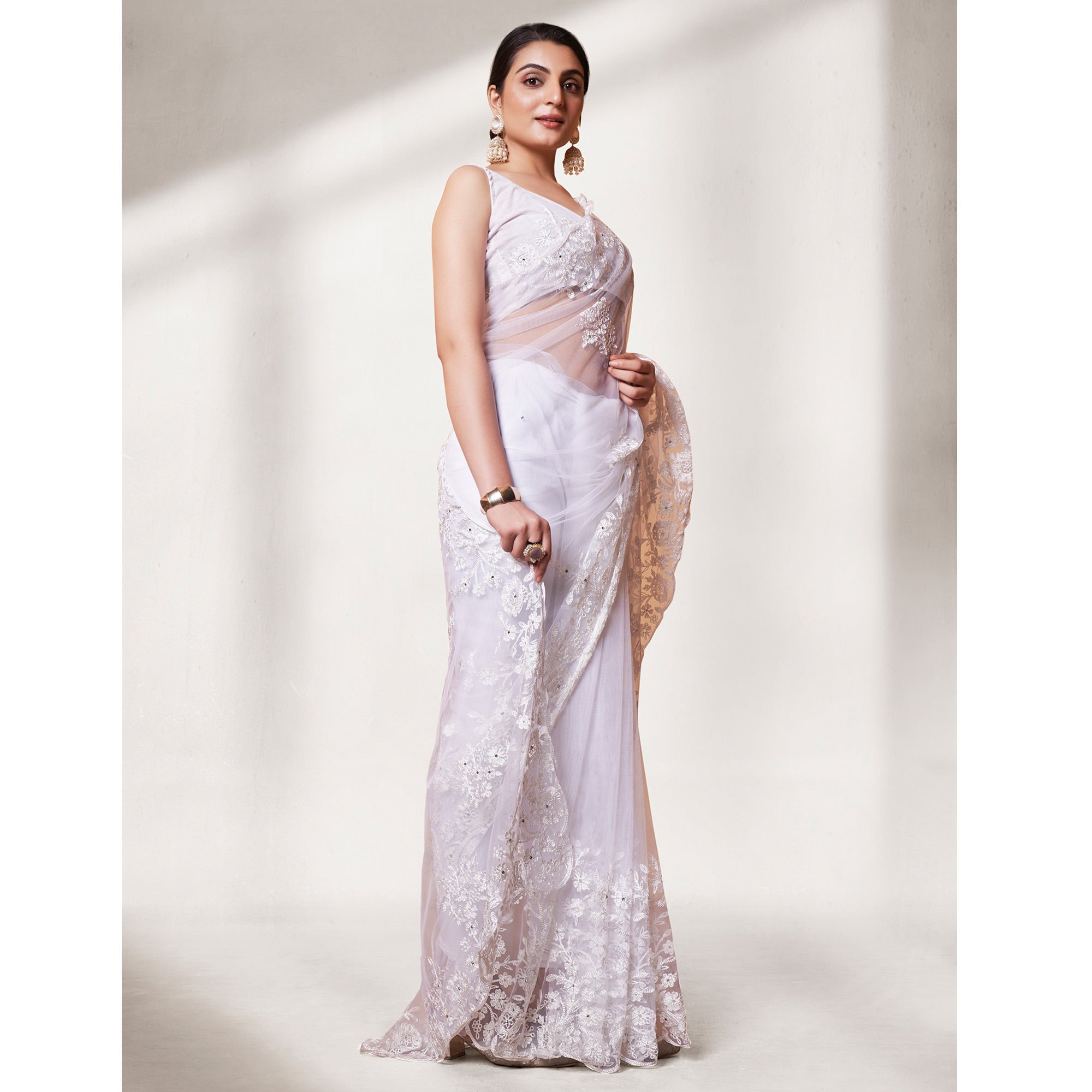 White Floral Embroidered Soft Net Saree