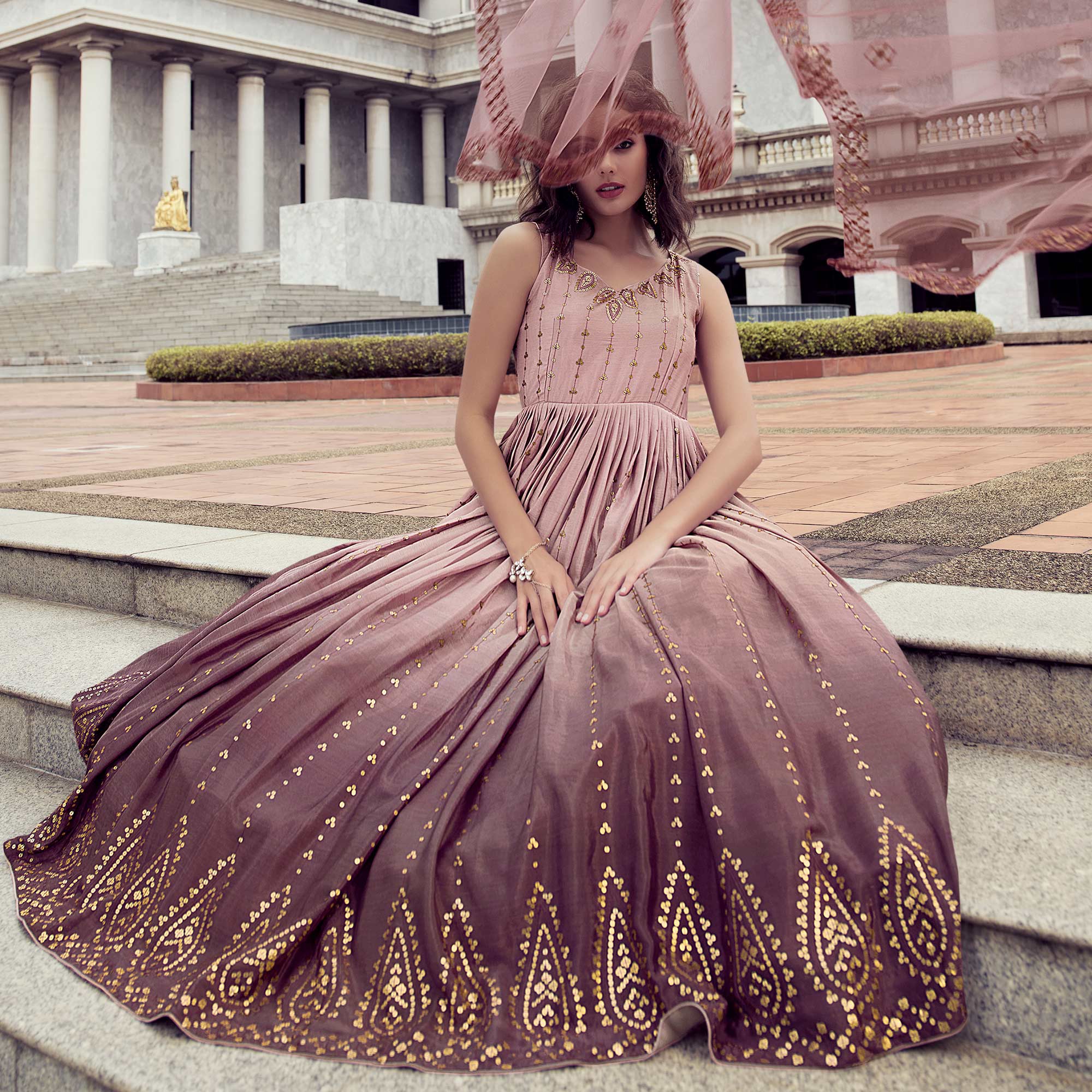 Dusty Pink Sequins Embroidered Chiffon Gown