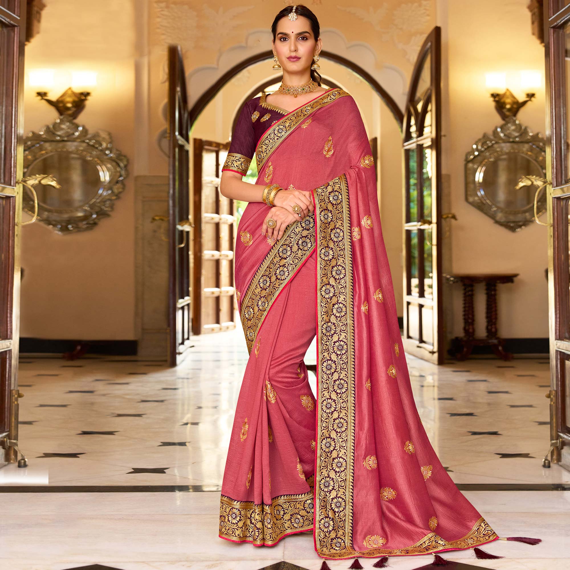 Pink Embroidered Vichitra Silk Saree With With Tassels