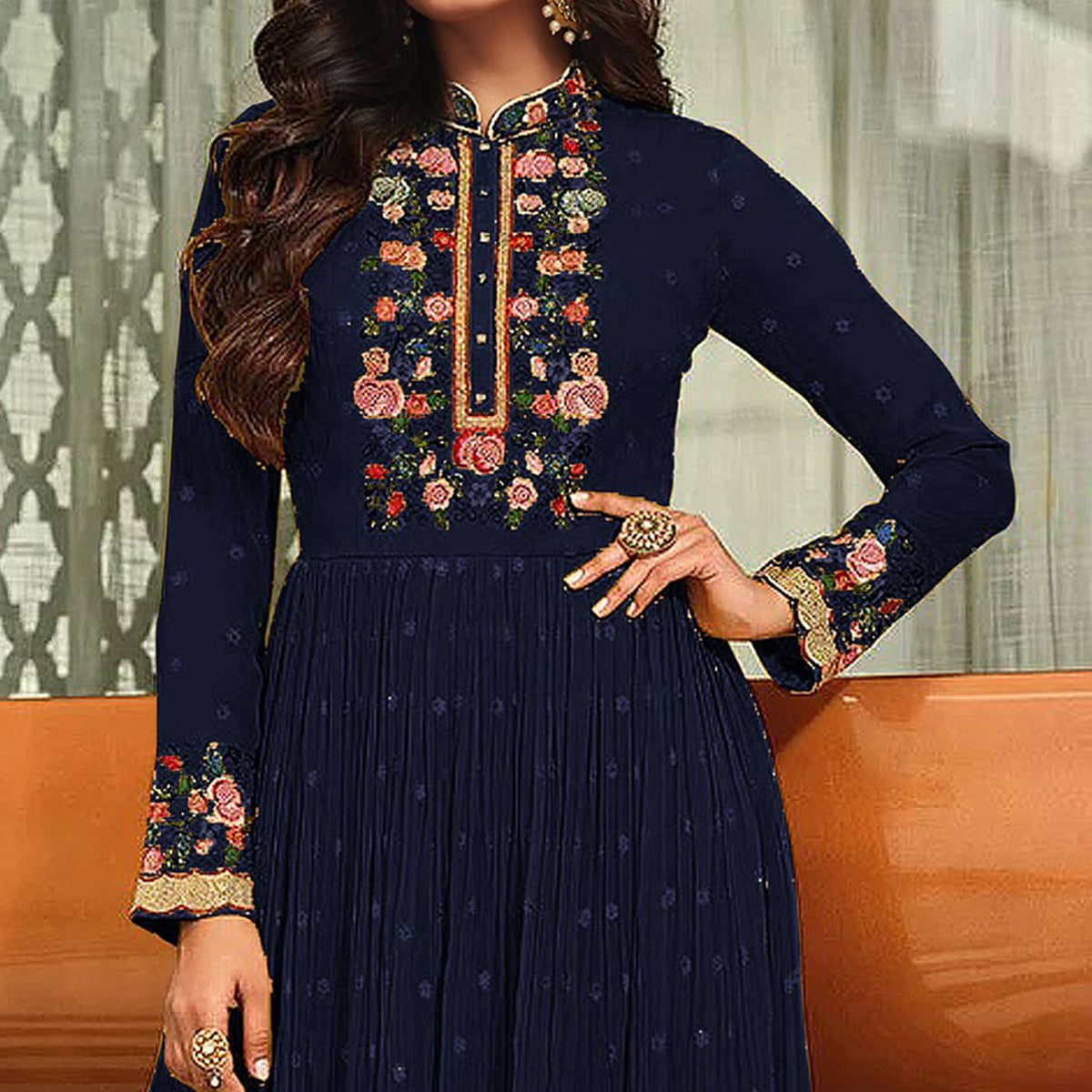 Navy Blue Embroidered Georgette Gown