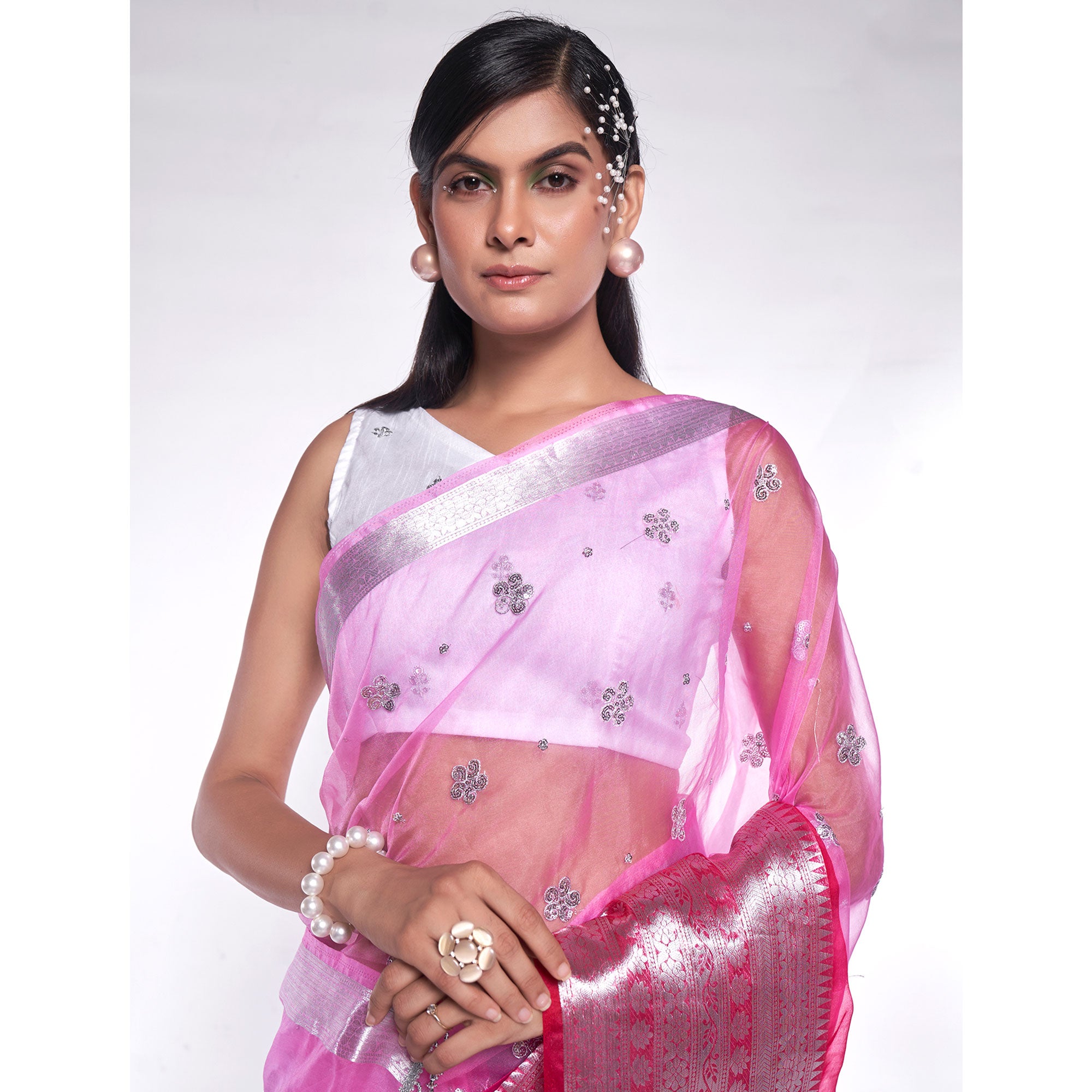 Light Pink Sequins Embroidered Organza Saree