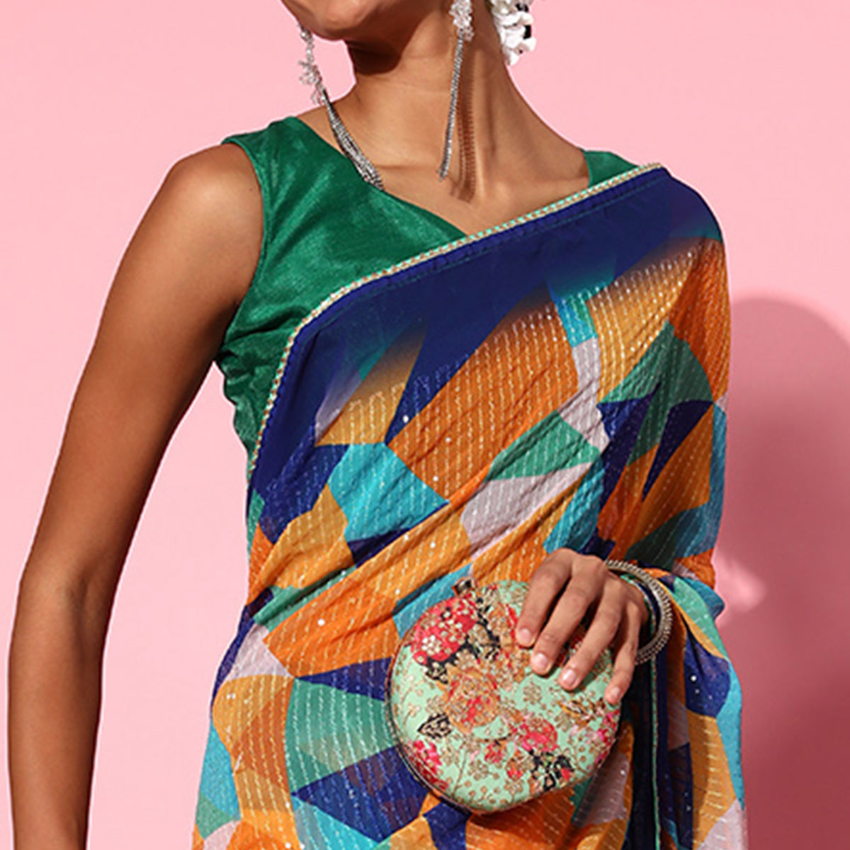 Multicolored Printed With Sequins Embroidered Georgette Saree